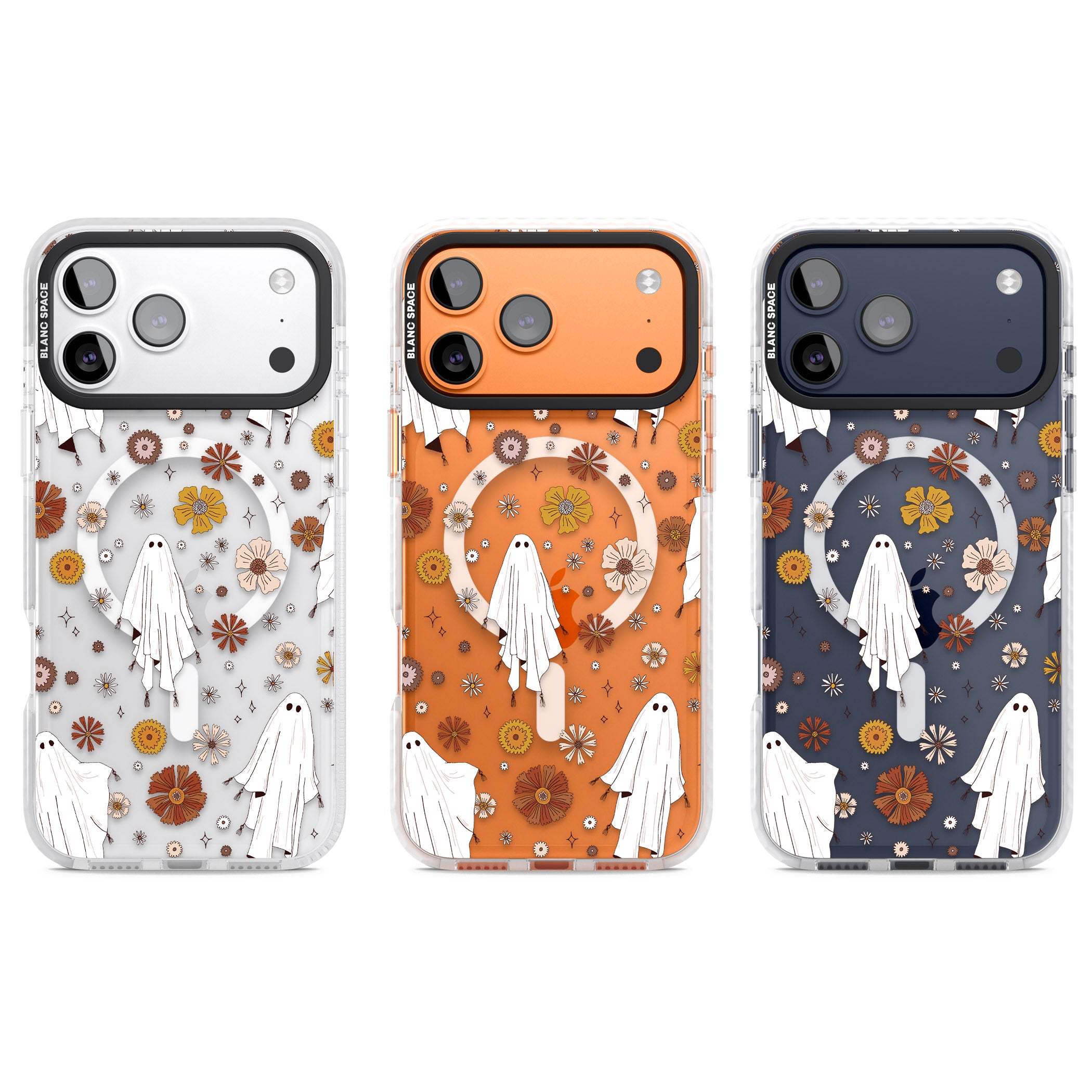 Halloween Ghosts And Flowers iPhone 17 Pro Impact Pro Clear Phone Case APT Impact Protection