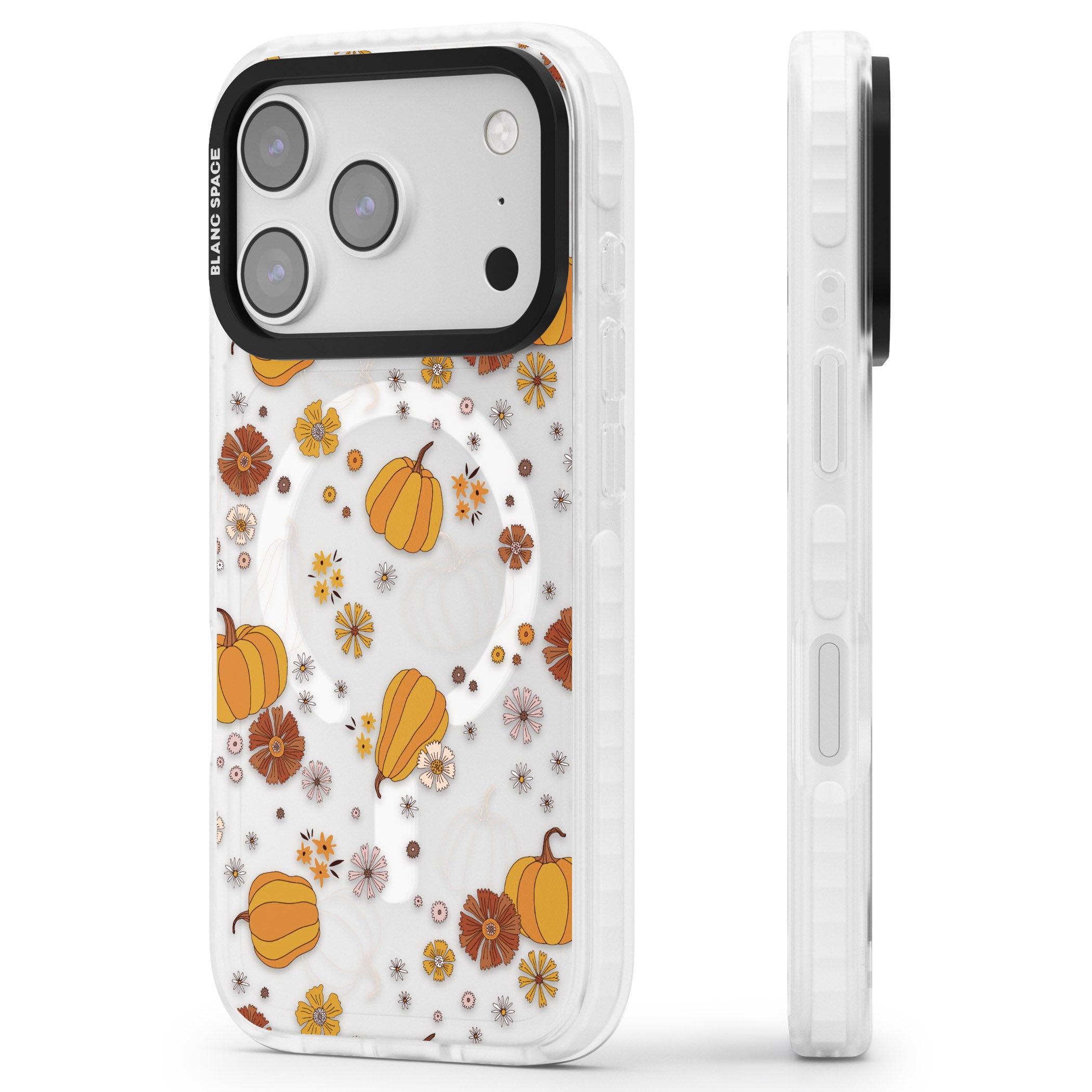 Halloween Pumpkins And Flowers iPhone 17 Pro Impact Pro Clear Phone Case Side Profile