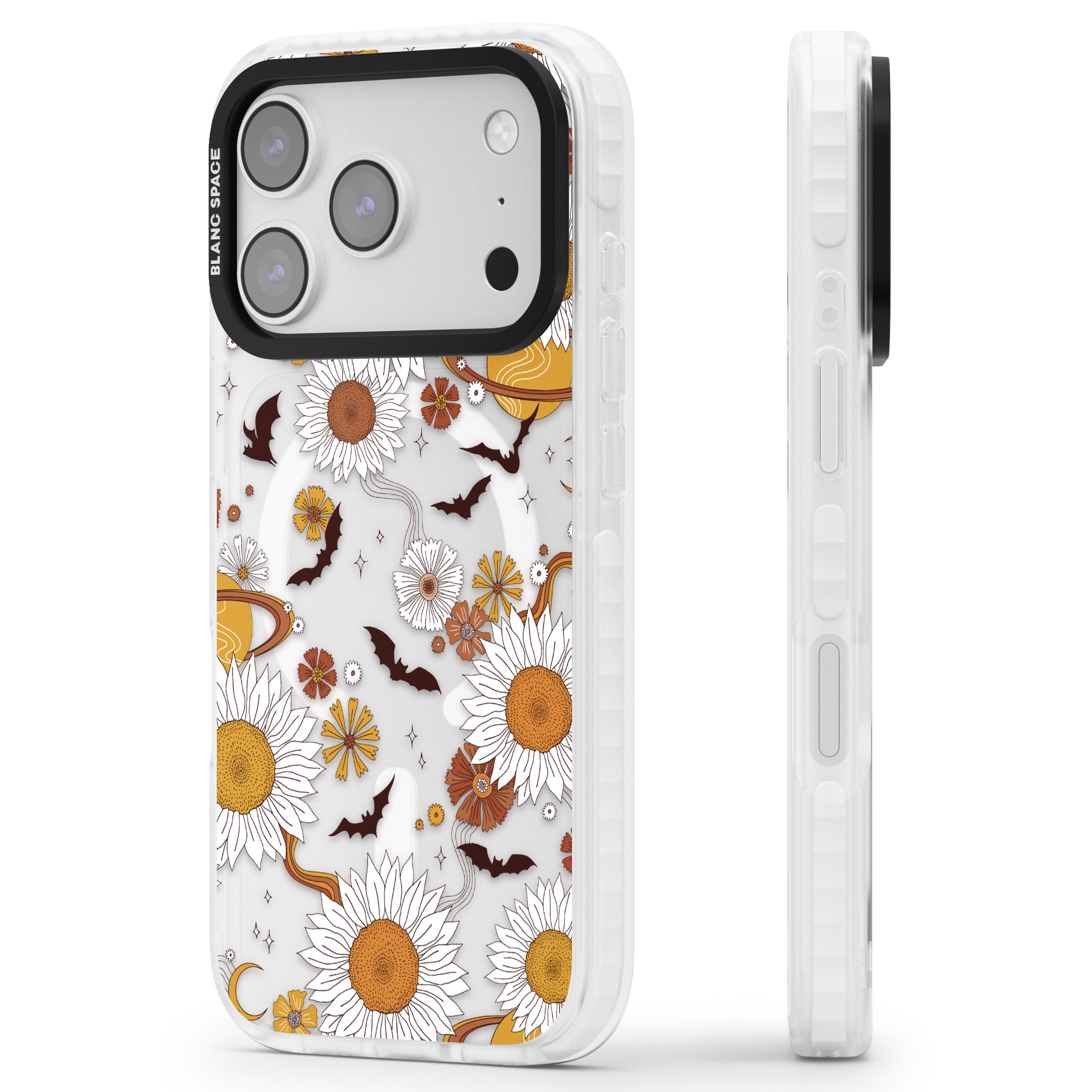 Halloween Bats And Planets iPhone 17 Pro Impact Pro Clear Phone Case Side Profile