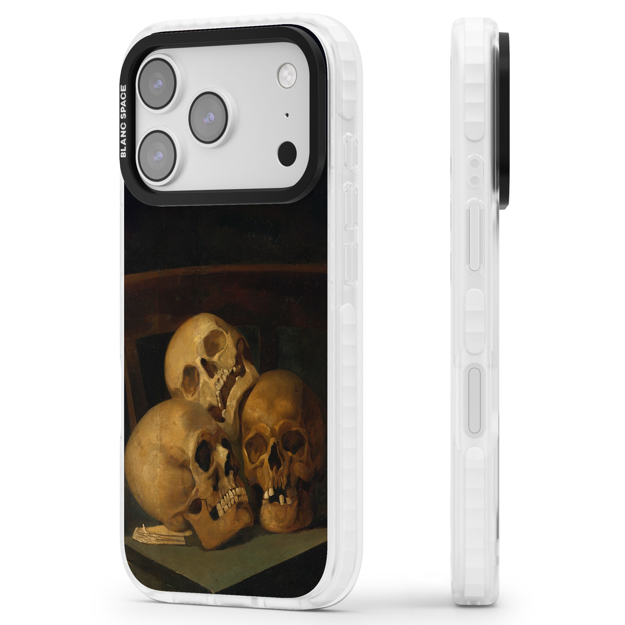 Still Life Of Three Skulls iPhone 17 Pro Impact Pro Clear Phone Case Side Profile