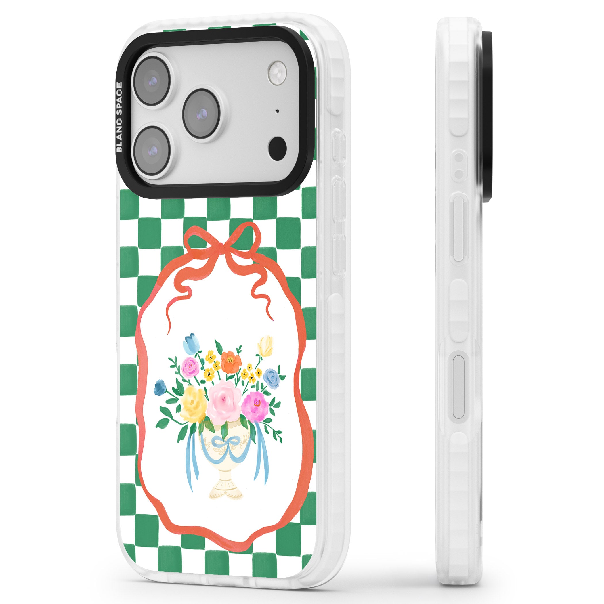 Green Checked Bouquet iPhone 17 Pro Impact Pro Clear Phone Case Side Profile