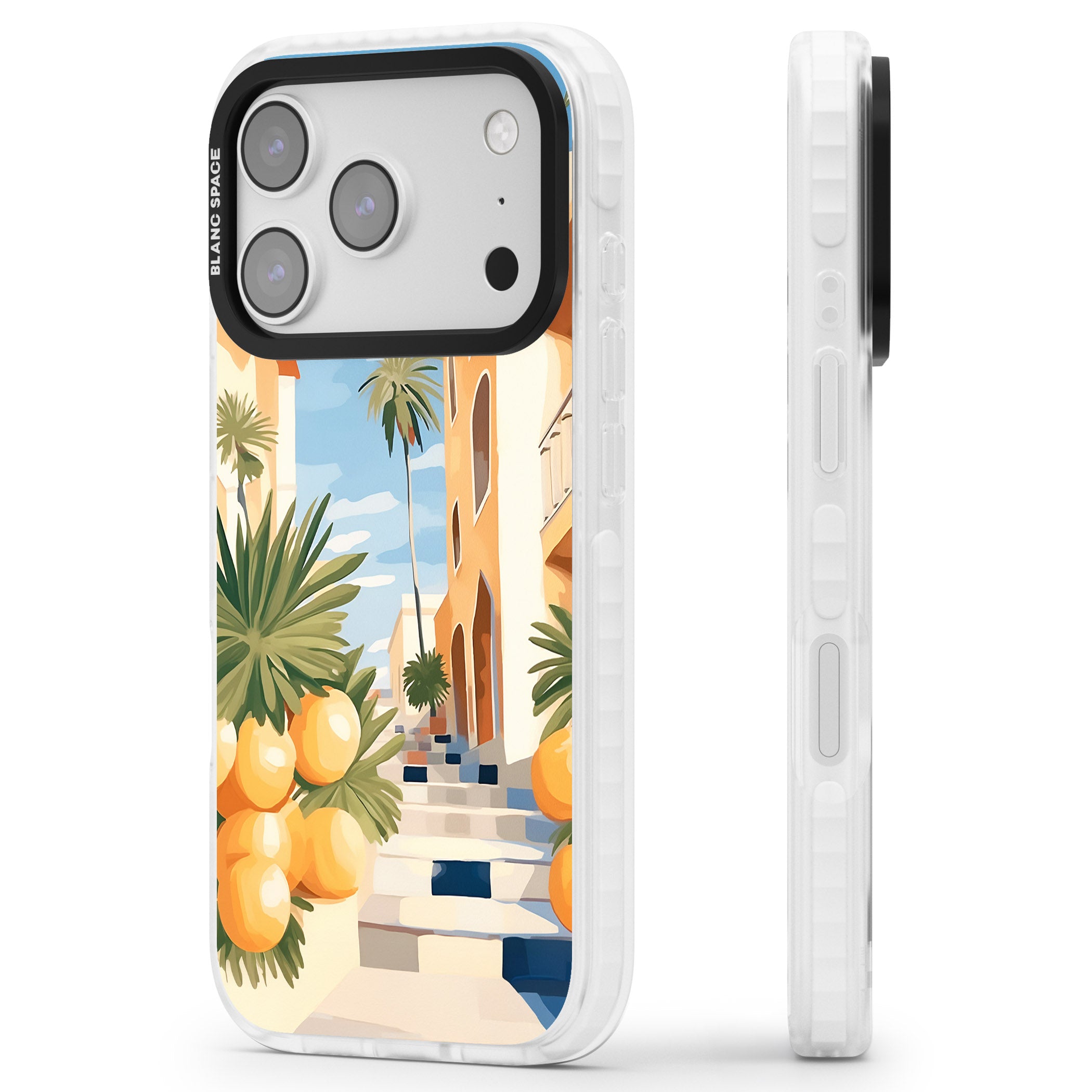 Mediterranean Village iPhone 17 Pro Impact Pro Clear Phone Case Side Profile