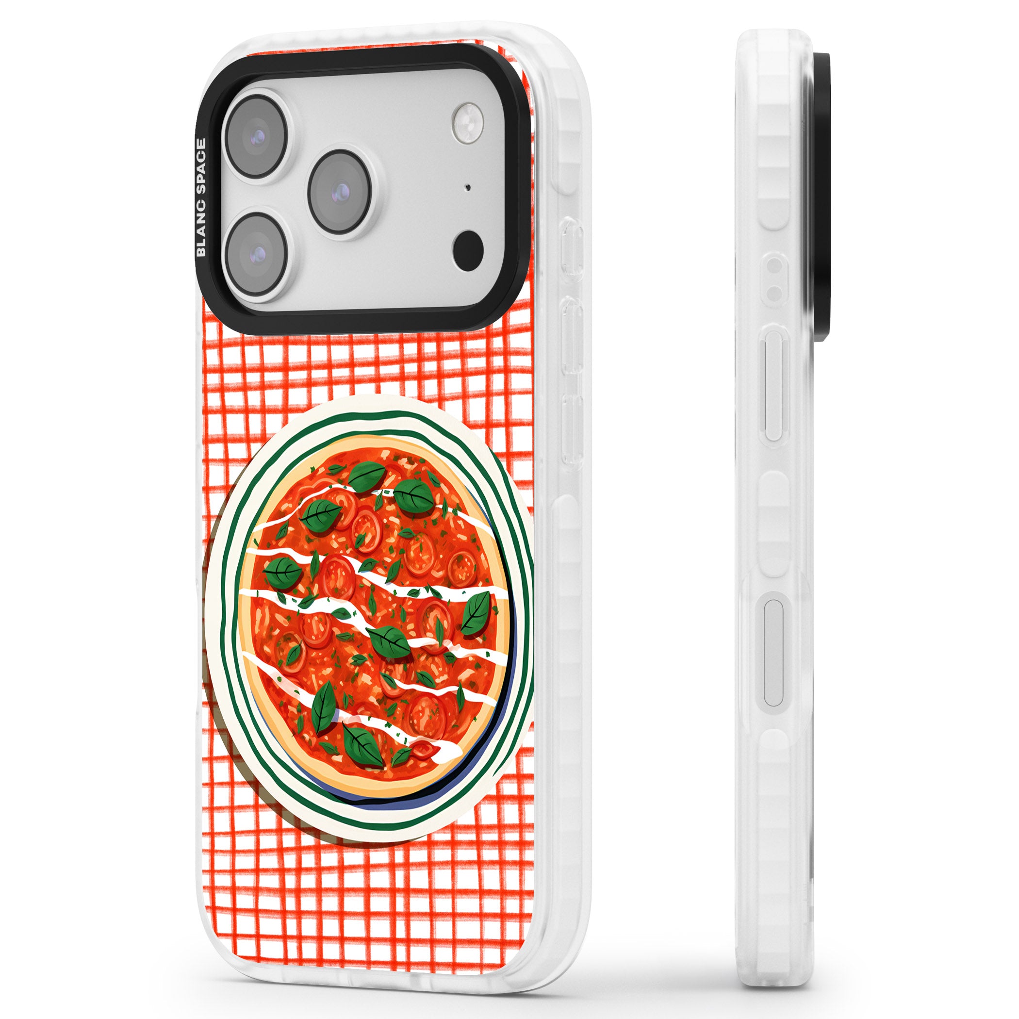 Margherita On Red Check iPhone 17 Pro Impact Pro Clear Phone Case Side Profile