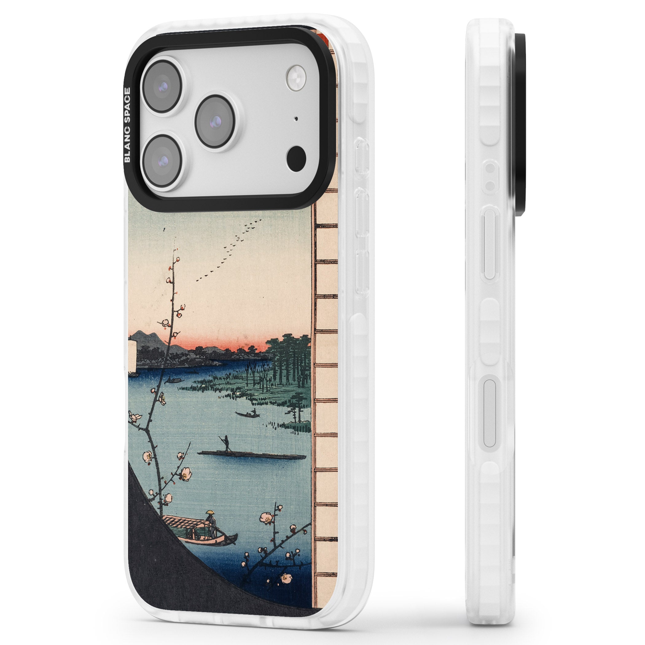 Vintage Japanese Illustrations Lake At Sunset iPhone 17 Pro Impact Pro Clear Phone Case Side Profile