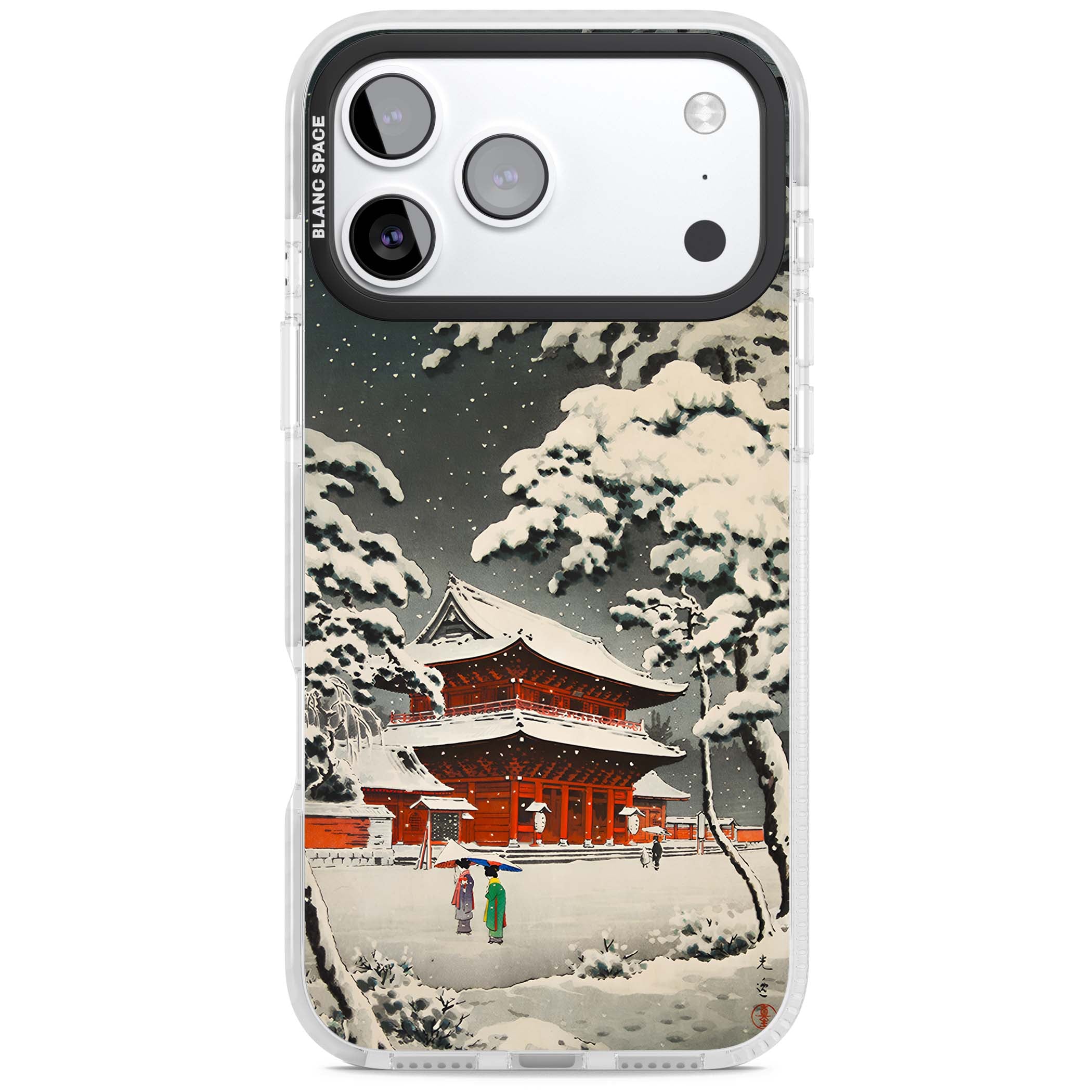 Snow at Shiha Park, Tokyo Japanese art iPhone case featuring a vintage ukiyo-e snowy temple, red pagoda, and snow-covered pin | Impact Magsafe case for iPhone 17 Pro, iPhone 17 Pro Max