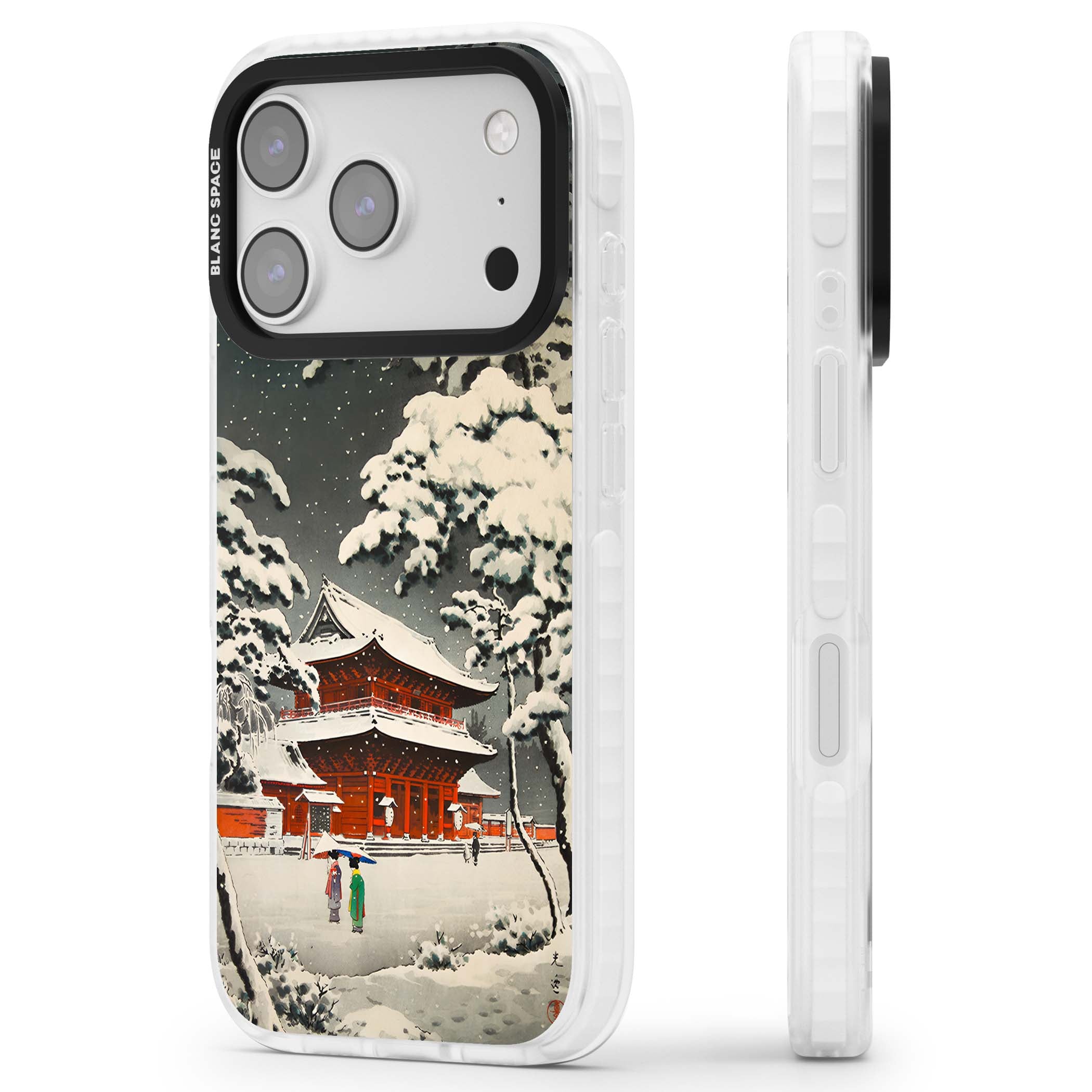 Snow at Shiha Park, Tokyo Japanese art iPhone case featuring a vintage ukiyo-e snowy temple, red pagoda, and snow-covered pin | Impact Magsafe case for iPhone 17 Pro, iPhone 17 Pro Max