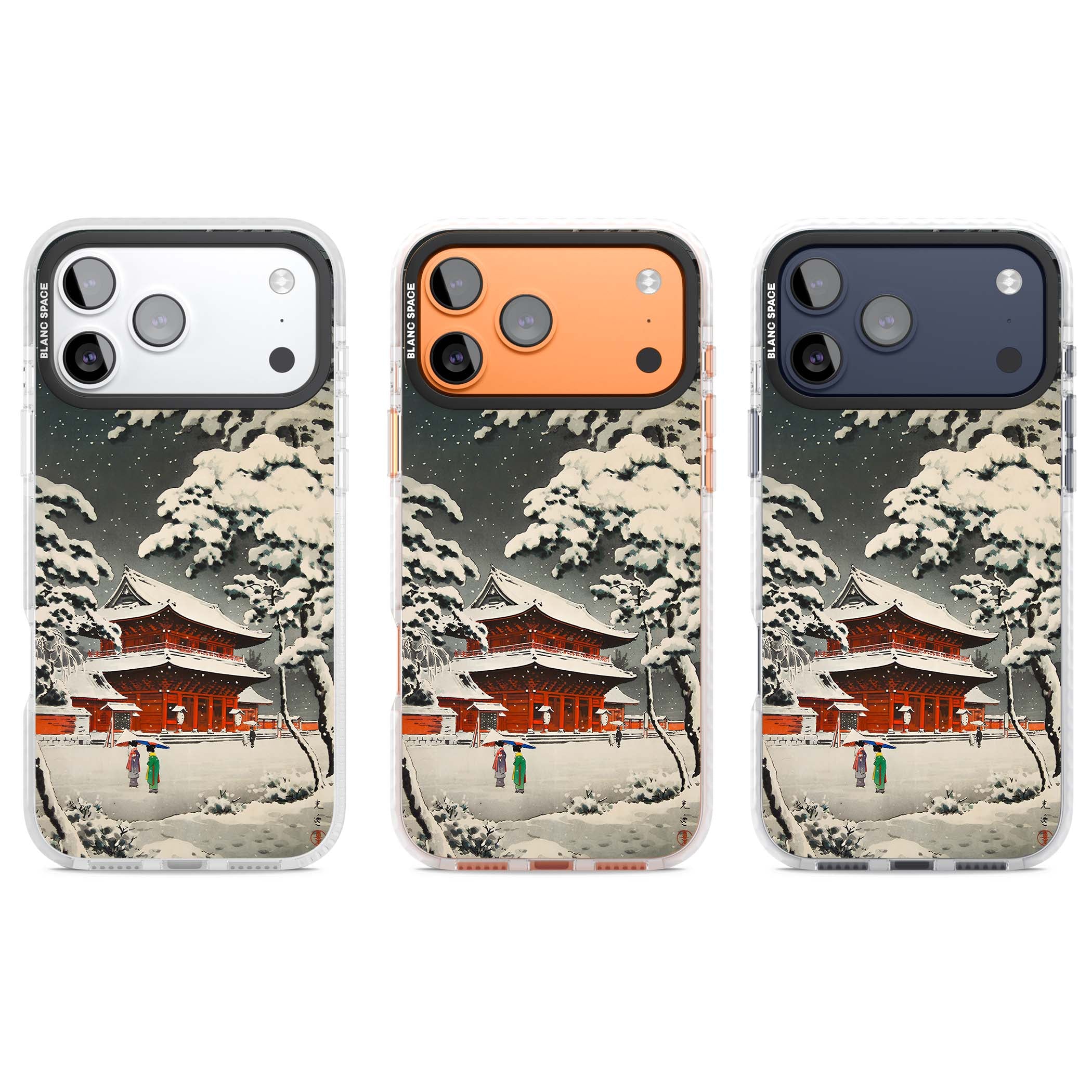 Snow at Shiha Park, Tokyo Japanese art iPhone case featuring a vintage ukiyo-e snowy temple, red pagoda, and snow-covered pin | Impact Magsafe case for iPhone 17 Pro, iPhone 17 Pro Max