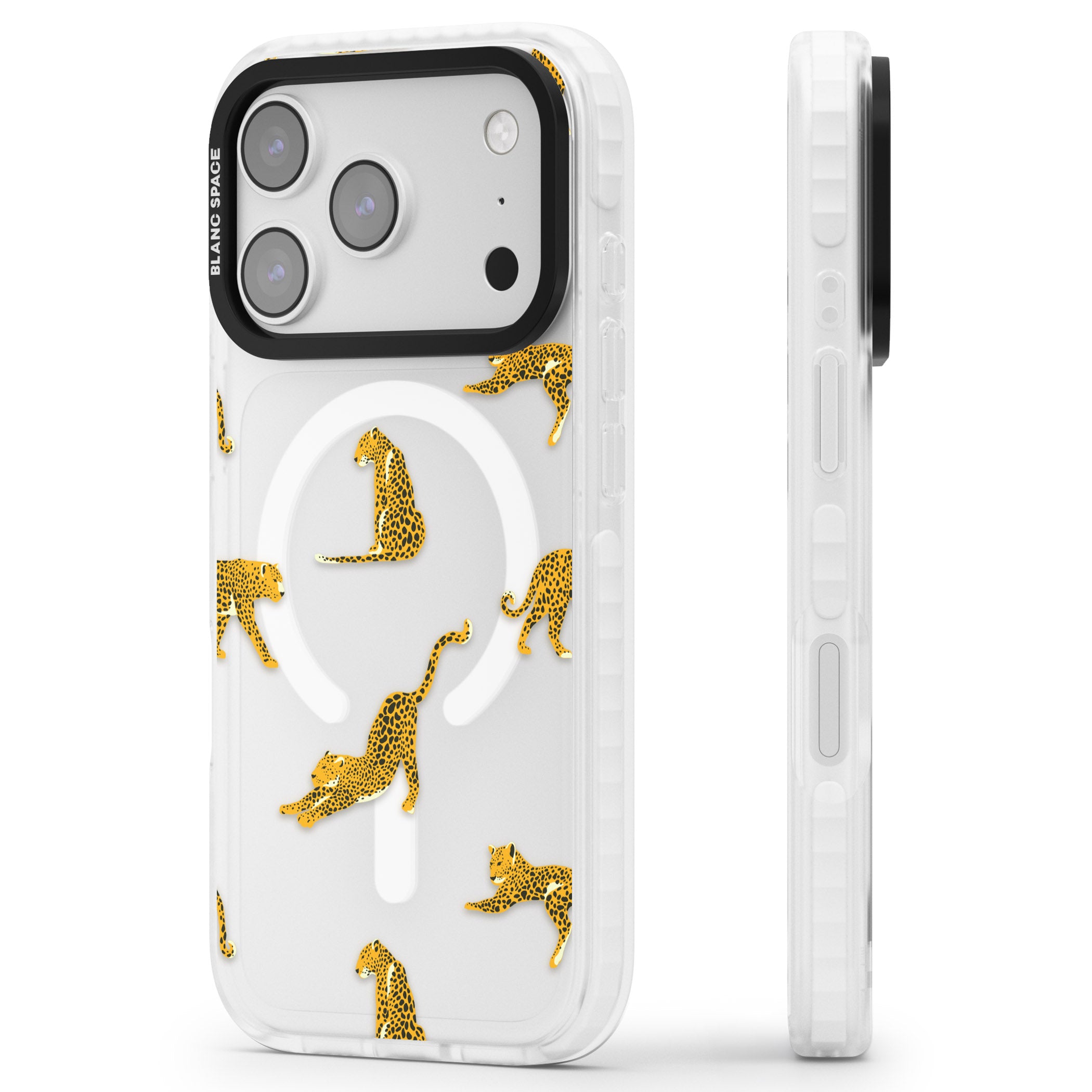Leopard Spots iPhone 17 Pro Impact Pro Clear Phone Case Side Profile