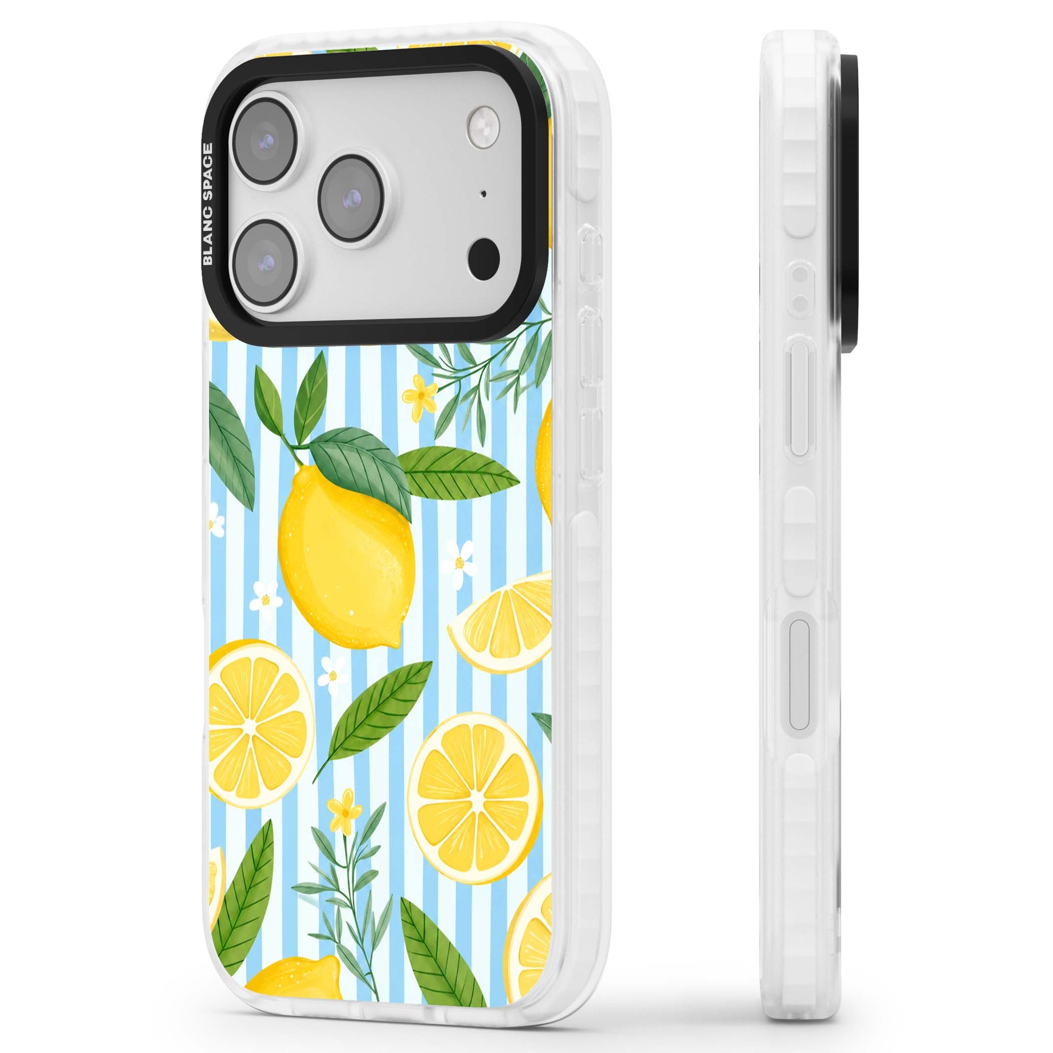 Capri Citrus Stripe coastal iPhone case featuring yellow lemons, blue stripes, and white daisy blossoms | Impact Magsafe case for iPhone 17 Pro, iPhone 17 Pro Max
