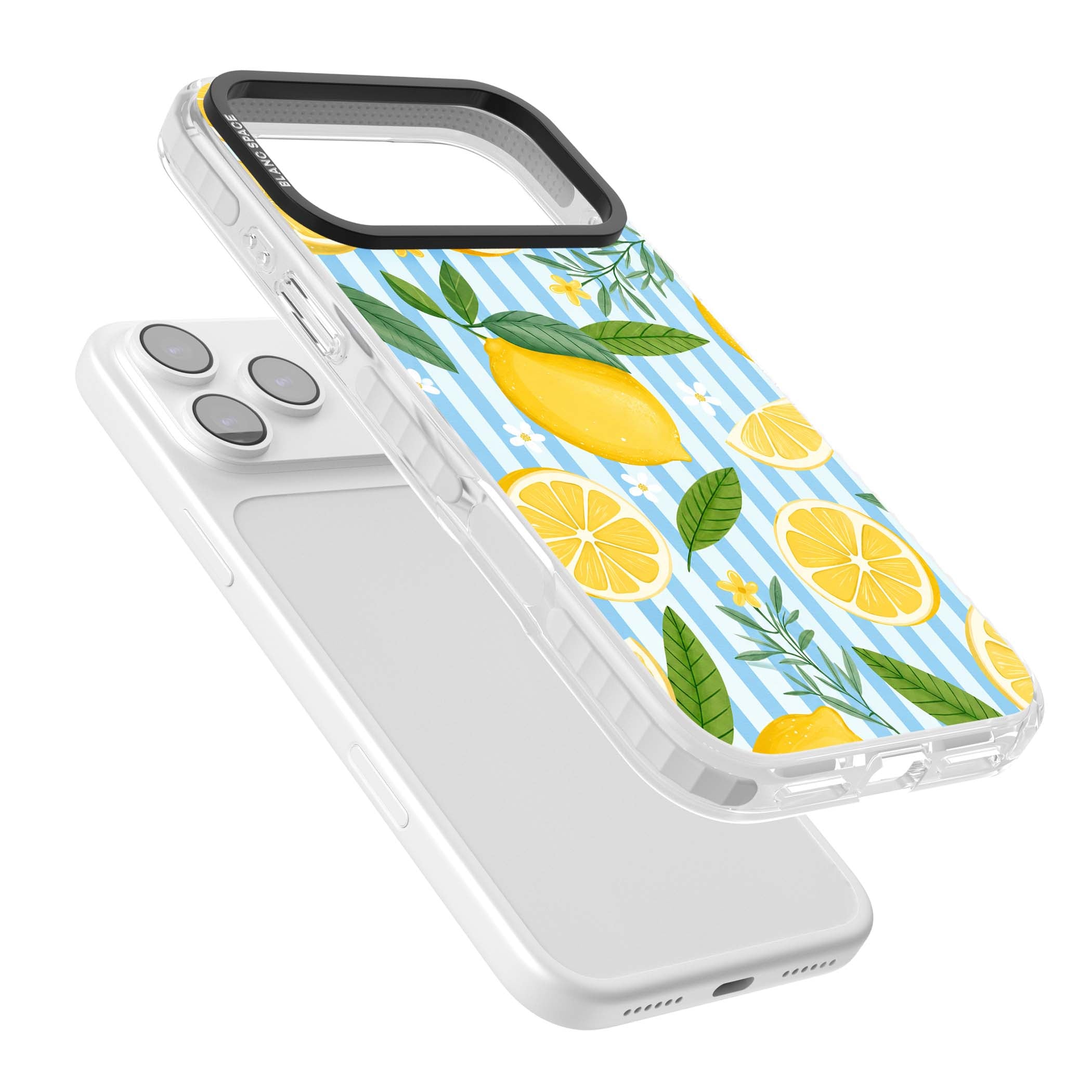 Capri Citrus Stripe coastal iPhone case featuring yellow lemons, blue stripes, and white daisy blossoms | Impact Magsafe case for iPhone 17 Pro, iPhone 17 Pro Max