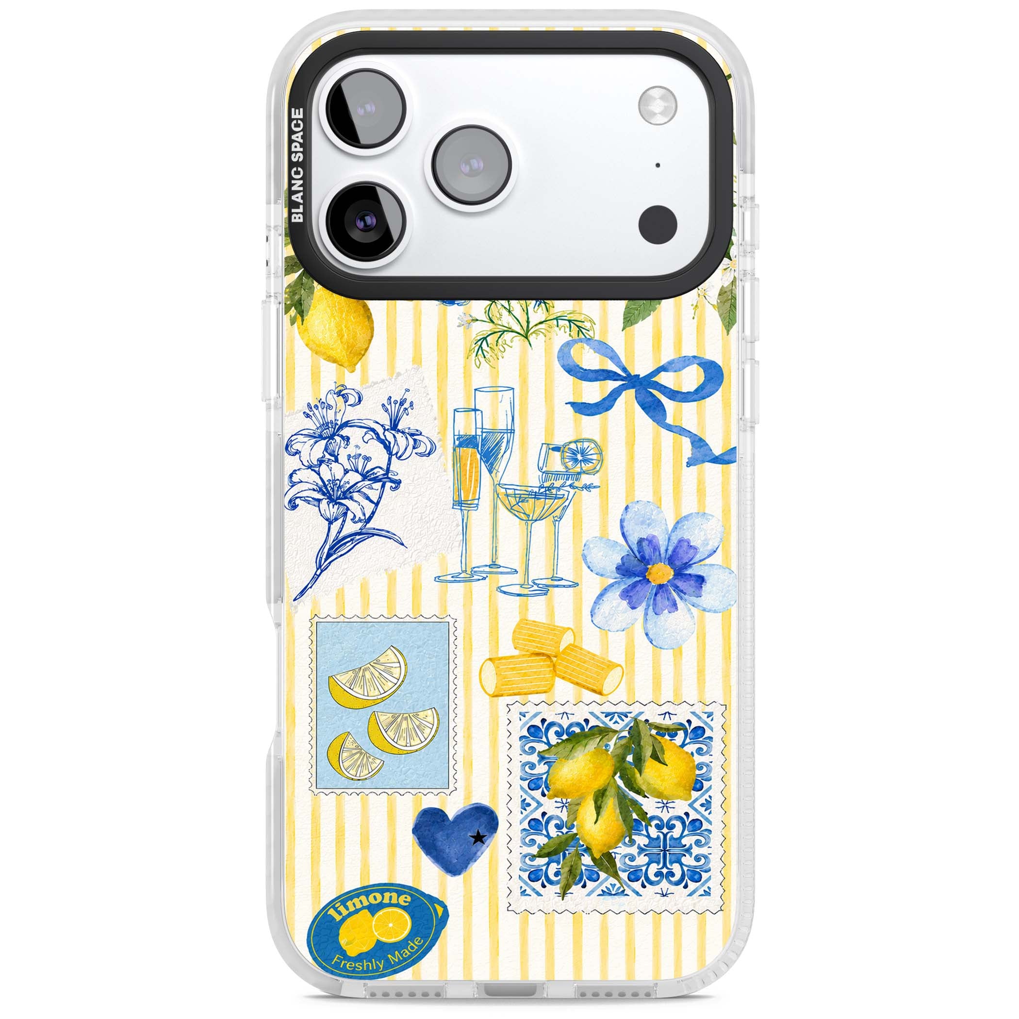 Limone Riviera Italian summer iPhone case featuring watercolour lemons, blue ribbon bows and majolica tile stamps on... | Impact Magsafe case for iPhone 17 Pro, iPhone 17 Pro Max