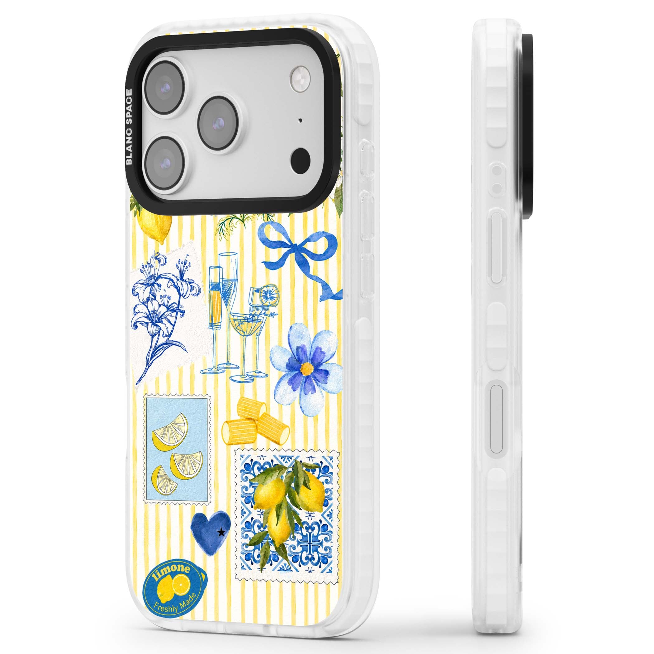 Limone Riviera Italian summer iPhone case featuring watercolour lemons, blue ribbon bows and majolica tile stamps on... | Impact Magsafe case for iPhone 17 Pro, iPhone 17 Pro Max