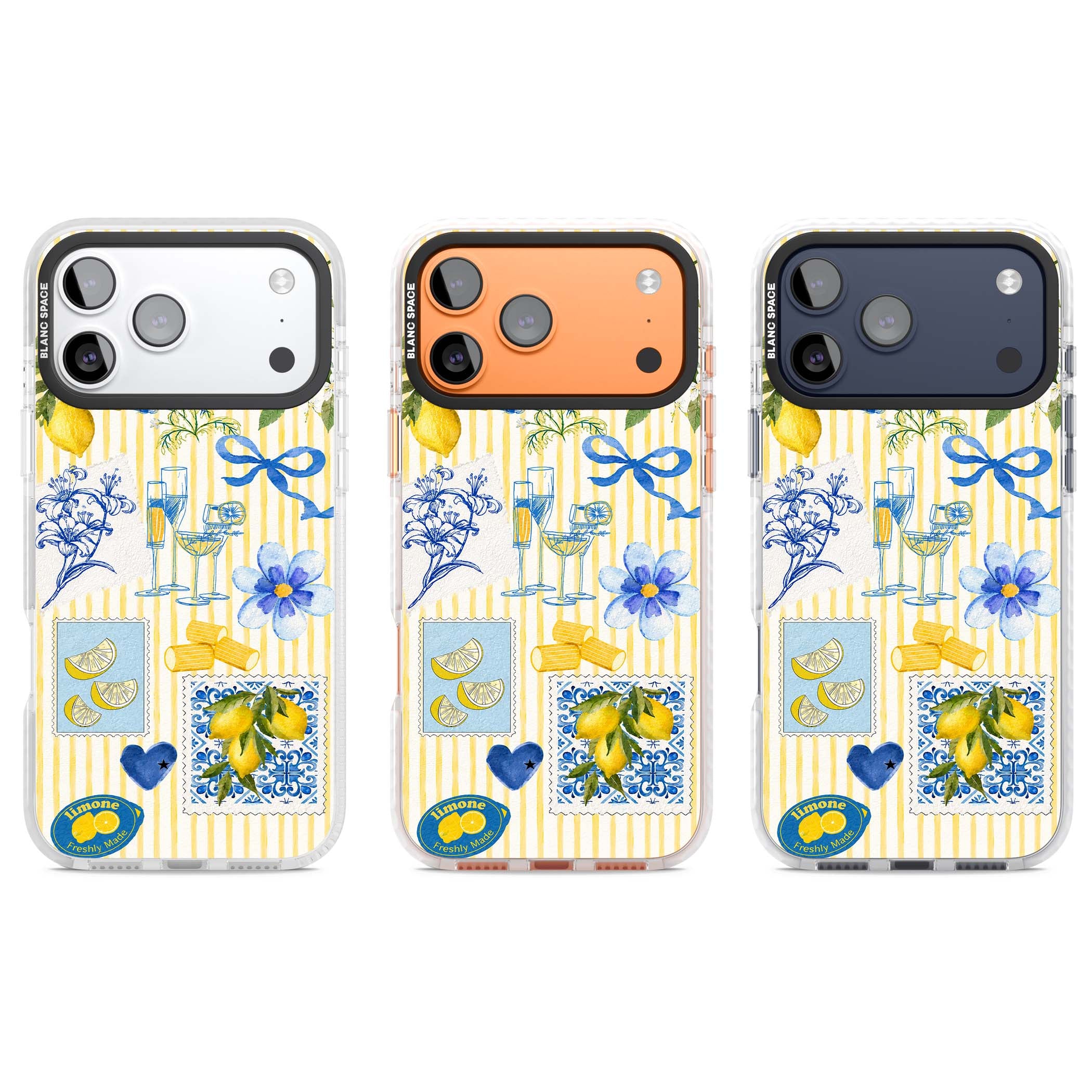 Limone Riviera Italian summer iPhone case featuring watercolour lemons, blue ribbon bows and majolica tile stamps on... | Impact Magsafe case for iPhone 17 Pro, iPhone 17 Pro Max