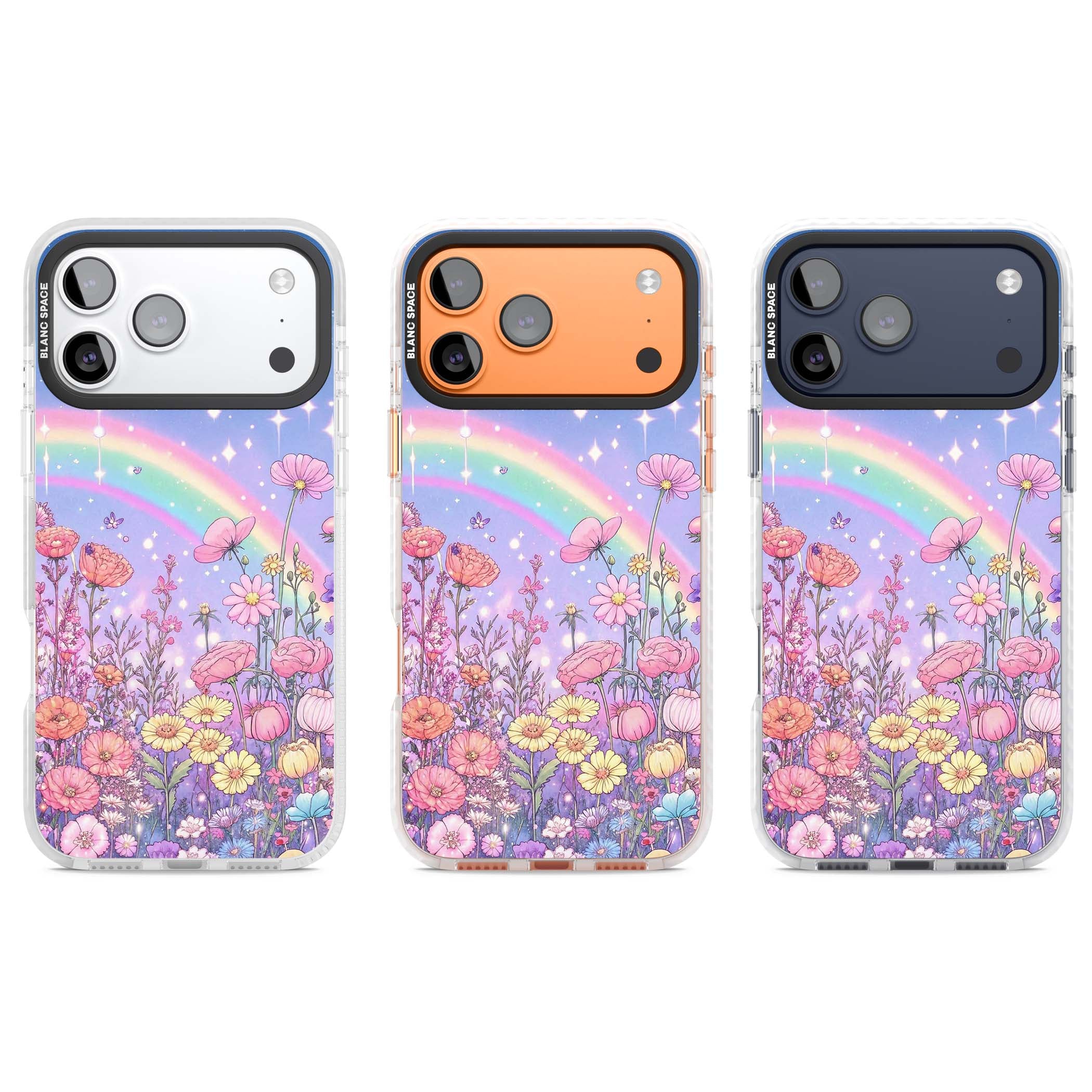 Magical Meadow fairycore iPhone case featuring a pastel rainbow, sparkling stars and a wildflower meadow | Impact Magsafe case for iPhone 17 Pro, iPhone 17 Pro Max