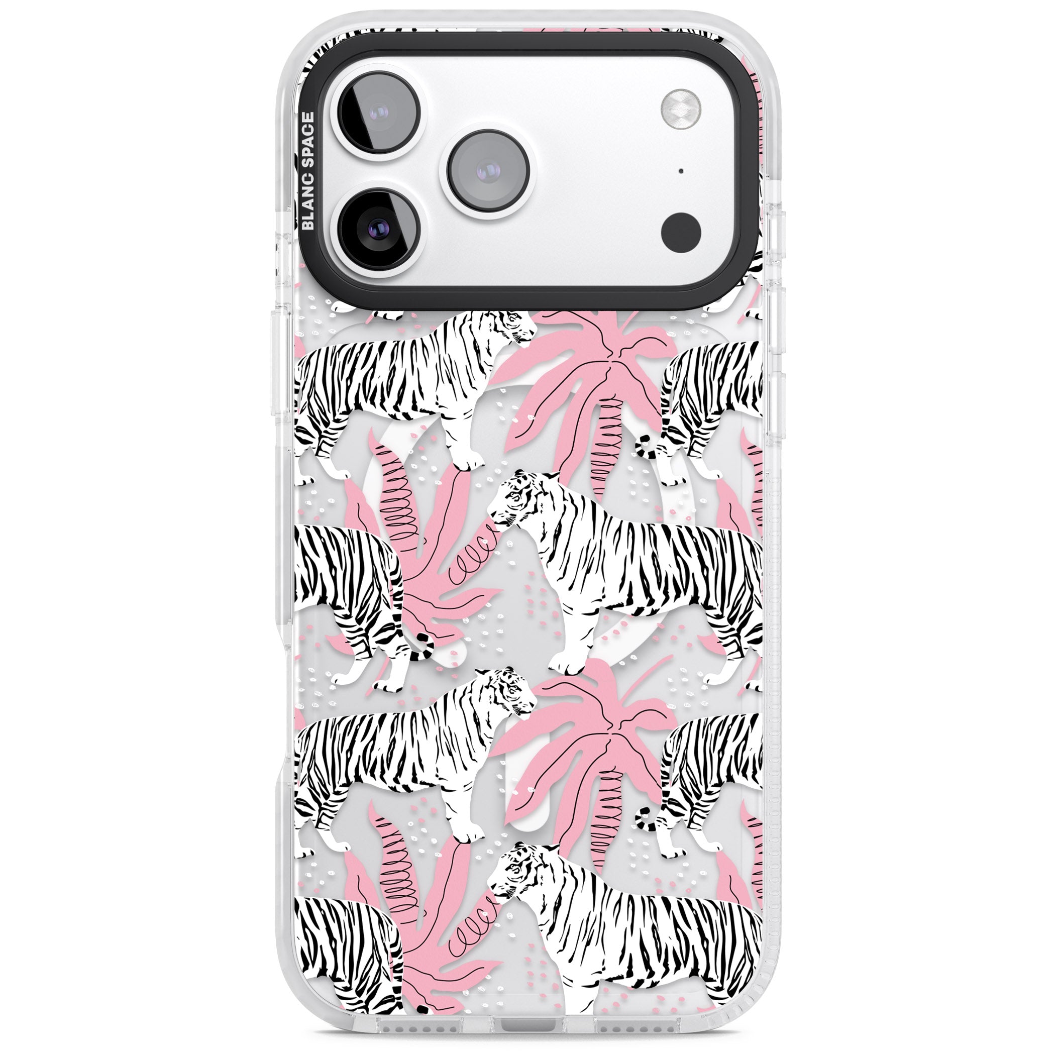 Pink & White Tropical Tigers iPhone 17 Pro Impact Pro Clear Phone Case