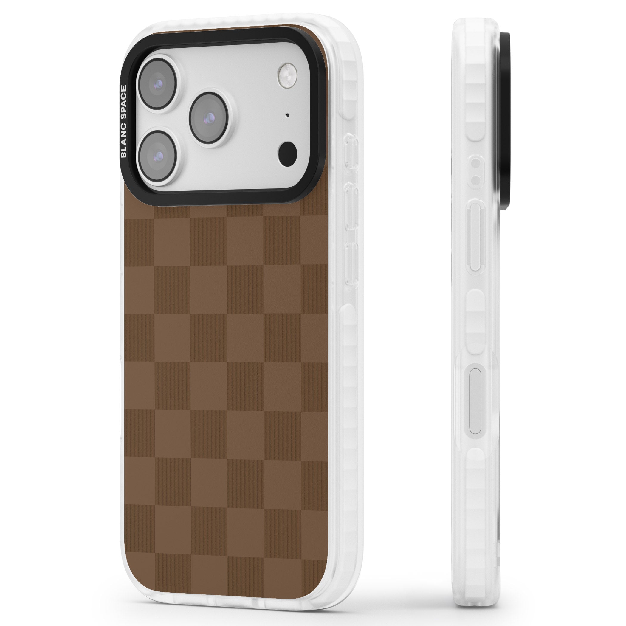 Chocolate Checkered iPhone 17 Pro Impact Pro Clear Phone Case Side Profile