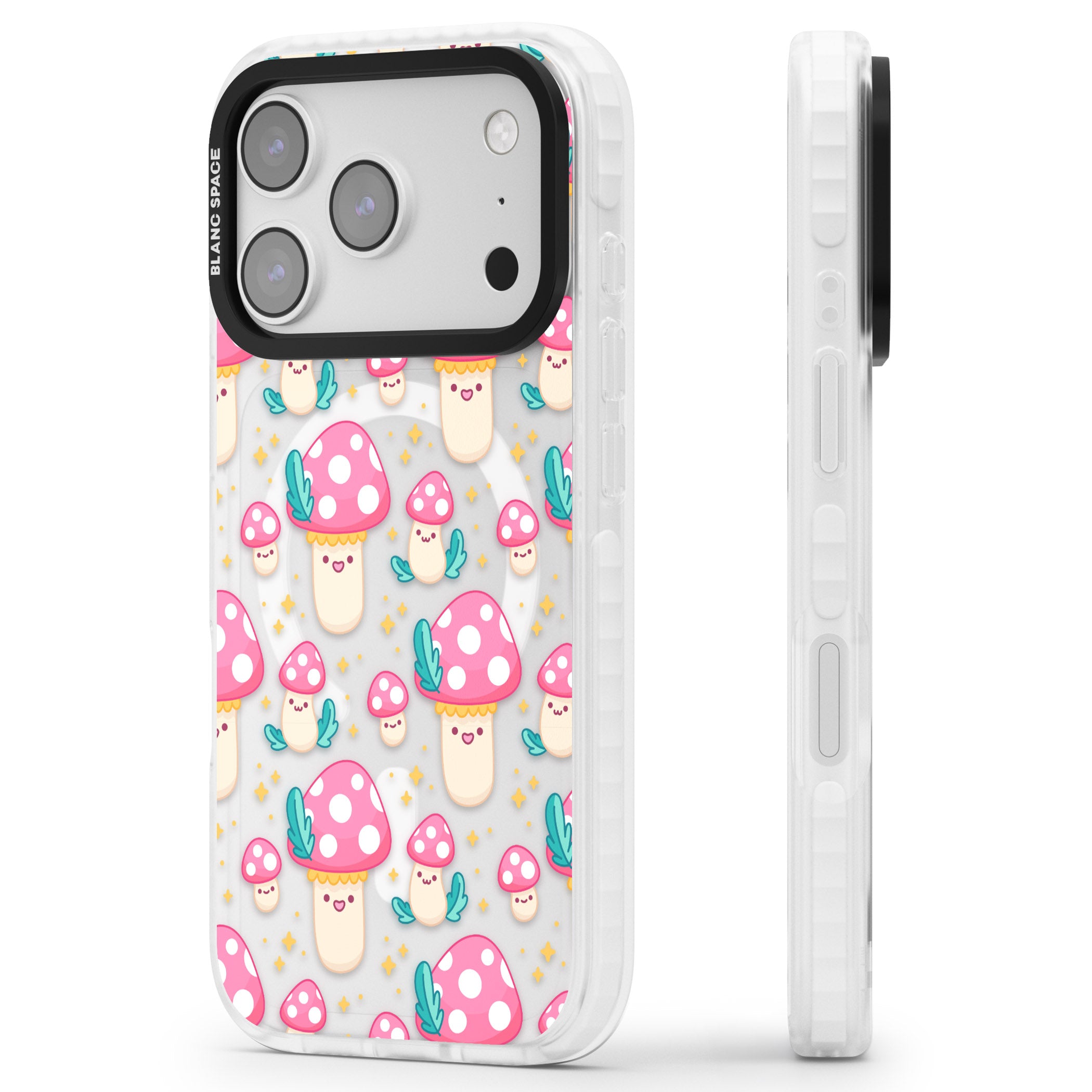 Cute Mushroom Pattern iPhone 17 Pro Impact Pro Clear Phone Case Side Profile