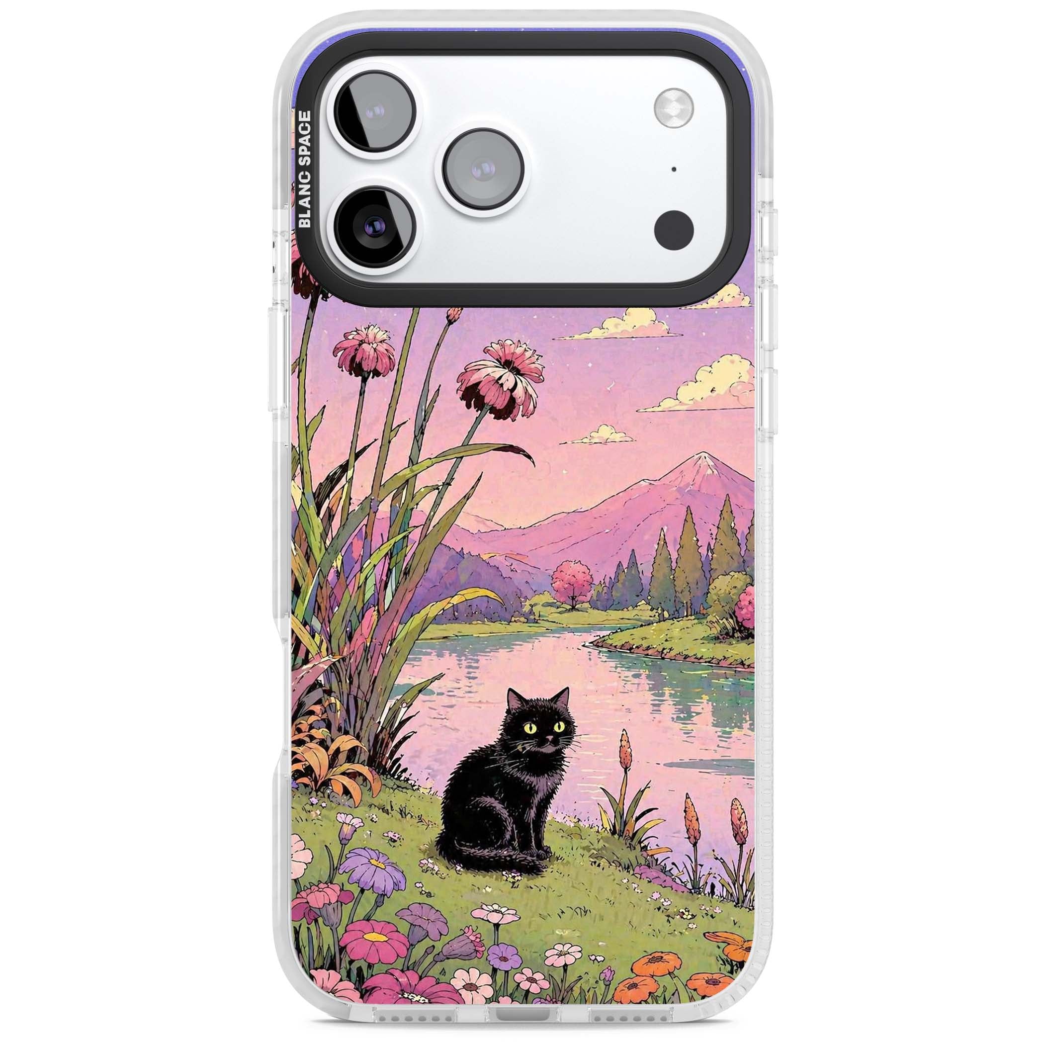 Mystic Whiskers ghibli iPhone case featuring a black cat by a pastel lake, wildflowers and a starry sunset sky | Impact Magsafe case for iPhone 17 Pro, iPhone 17 Pro Max
