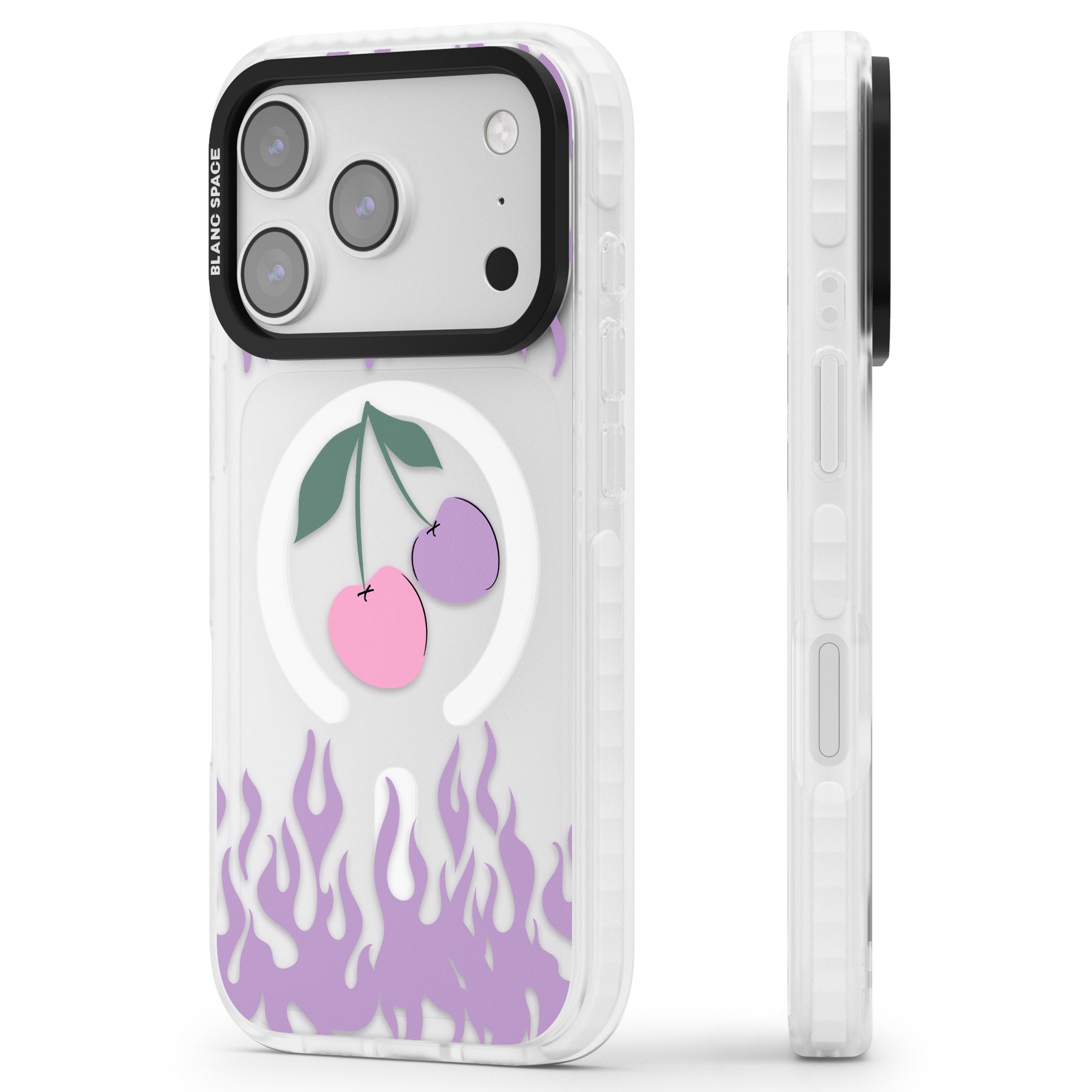 Cherries N' Flames iPhone 17 Pro Impact Pro Clear Phone Case Side Profile