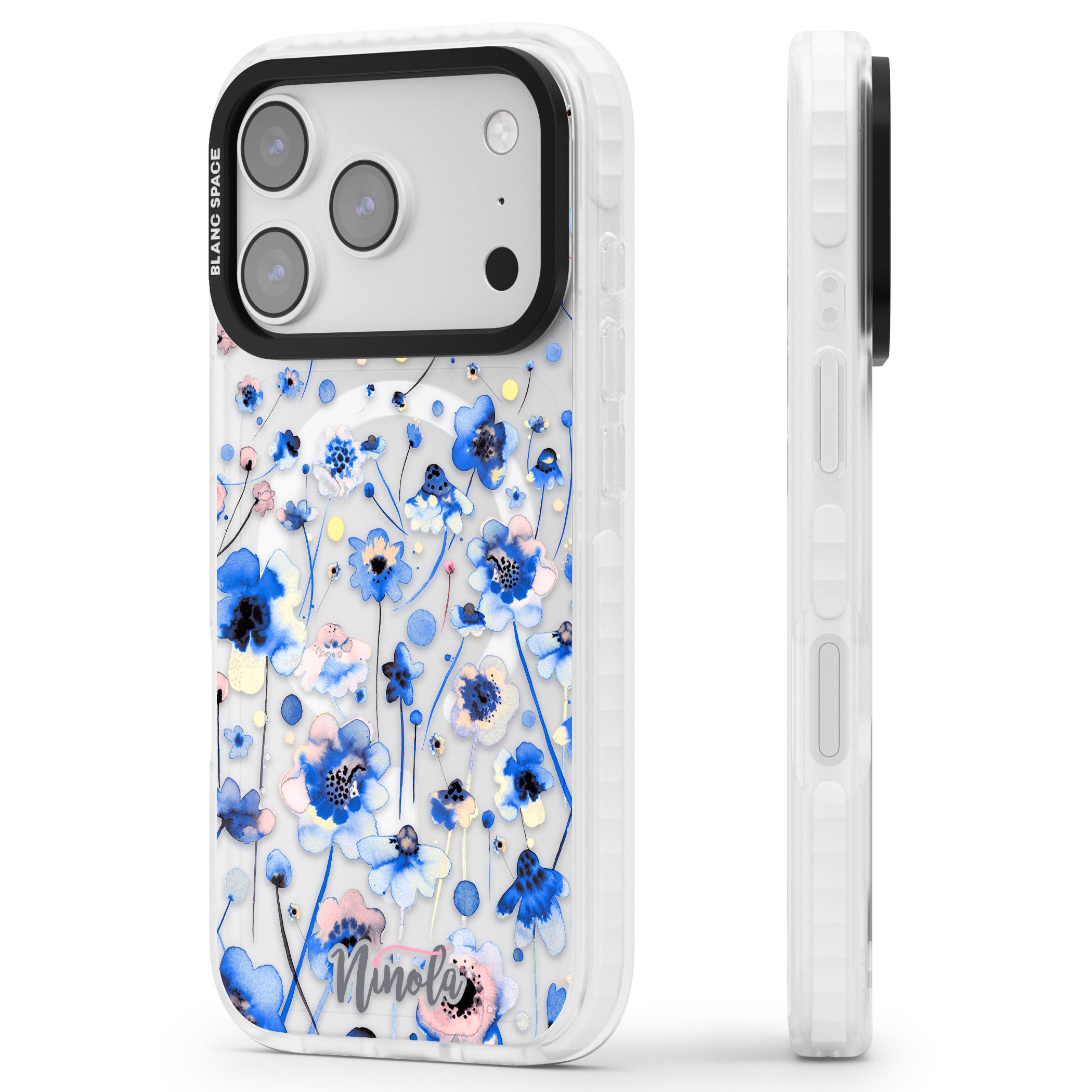 Ink Flowers Blue iPhone 17 Pro Impact Pro Clear Phone Case Side Profile