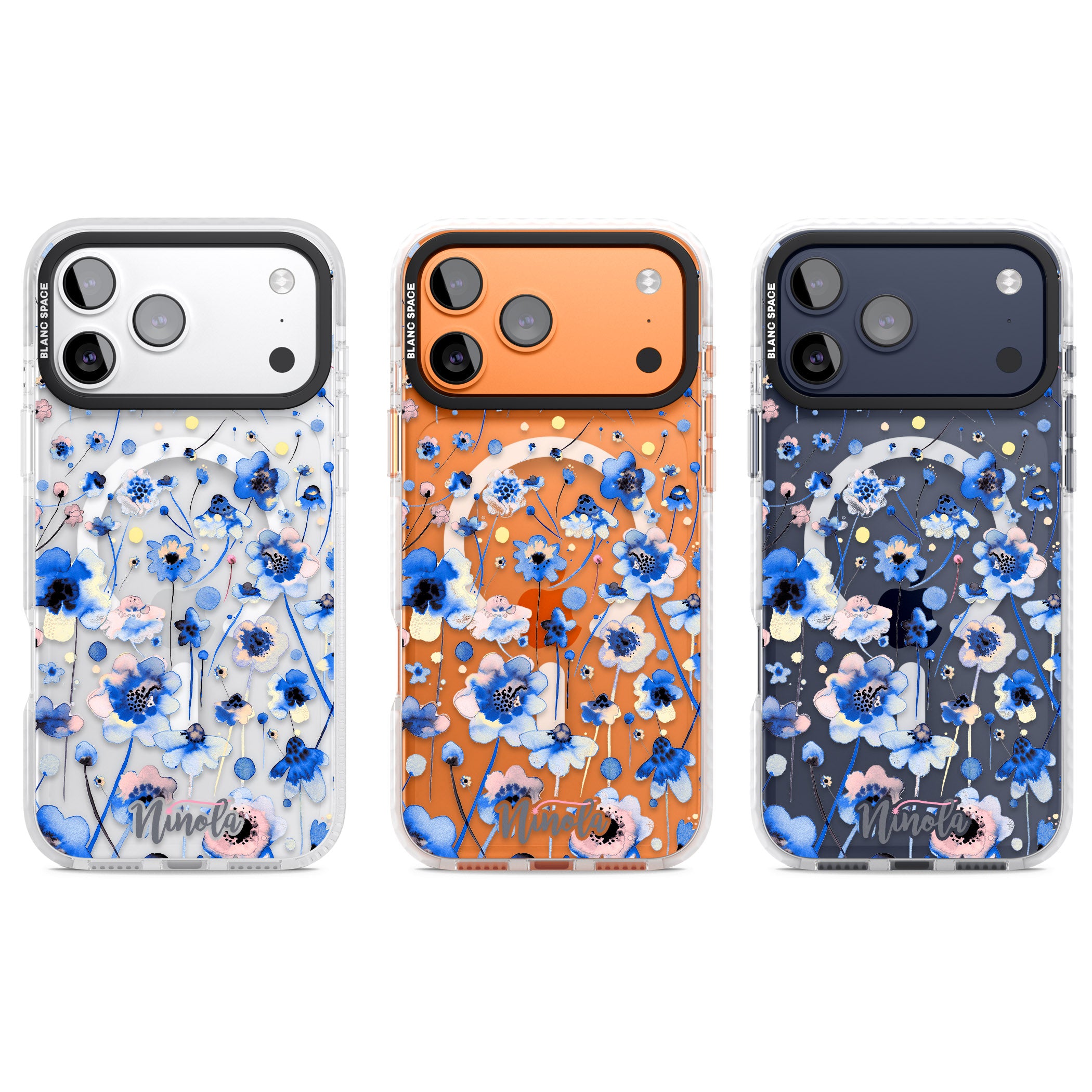 Ink Flowers Blue iPhone 17 Pro Impact Pro Clear Phone Case APT Impact Protection