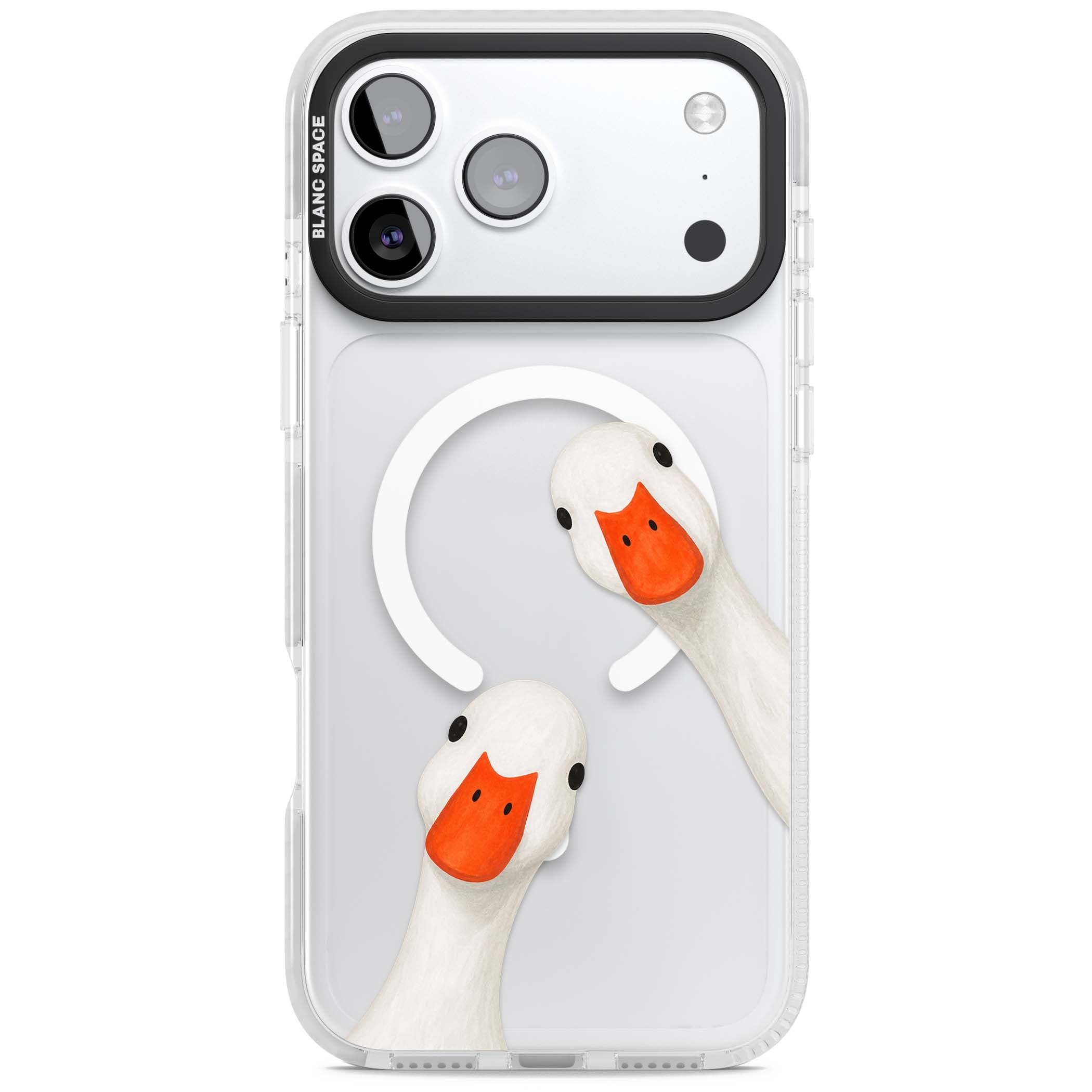 Nosy Ducks cottagecore iPhone case featuring two peeking white ducks with orange beaks on a clear background | Impact Magsafe case for iPhone 17 Pro, iPhone 17 Pro Max