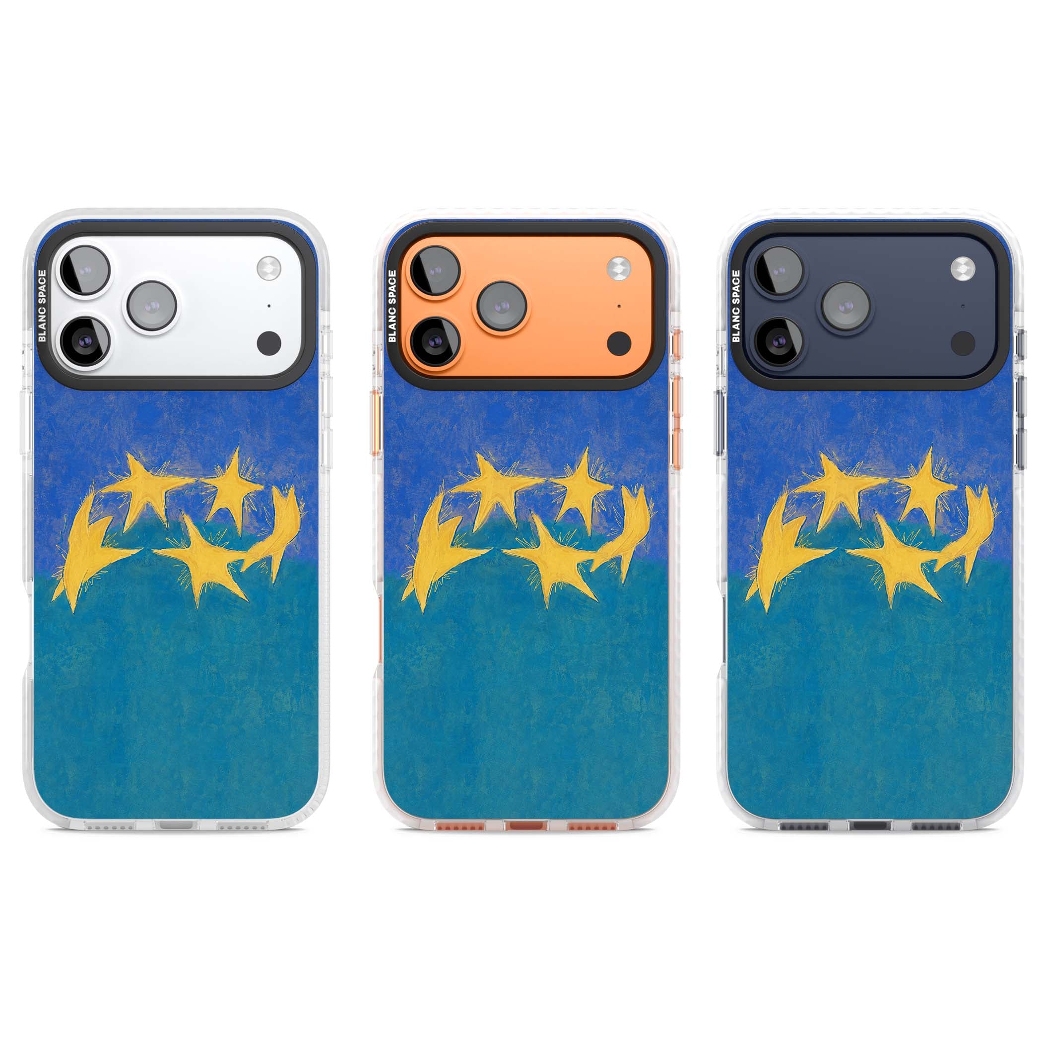 Star Boogie stars aesthetic iPhone case featuring five yellow hand-painted stars on cobalt blue and teal | Impact Magsafe case for iPhone 17 Pro, iPhone 17 Pro Max