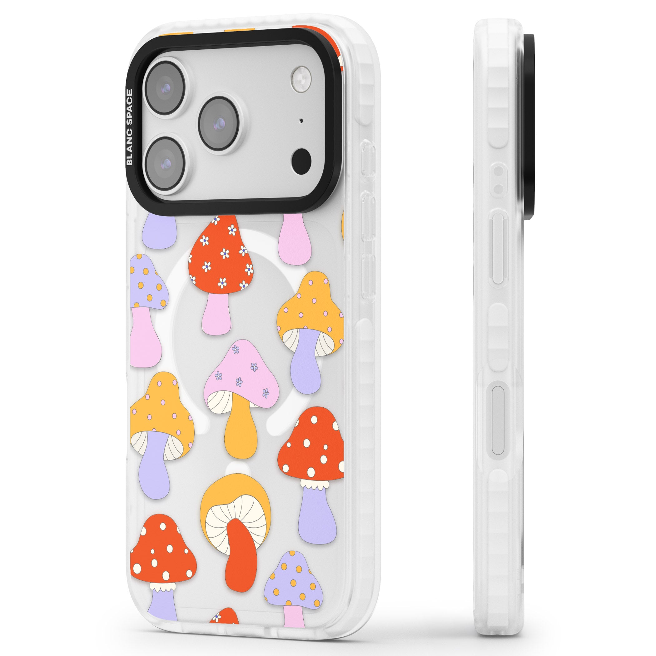 Happy Shrooms iPhone 17 Pro Impact Pro Clear Phone Case Side Profile