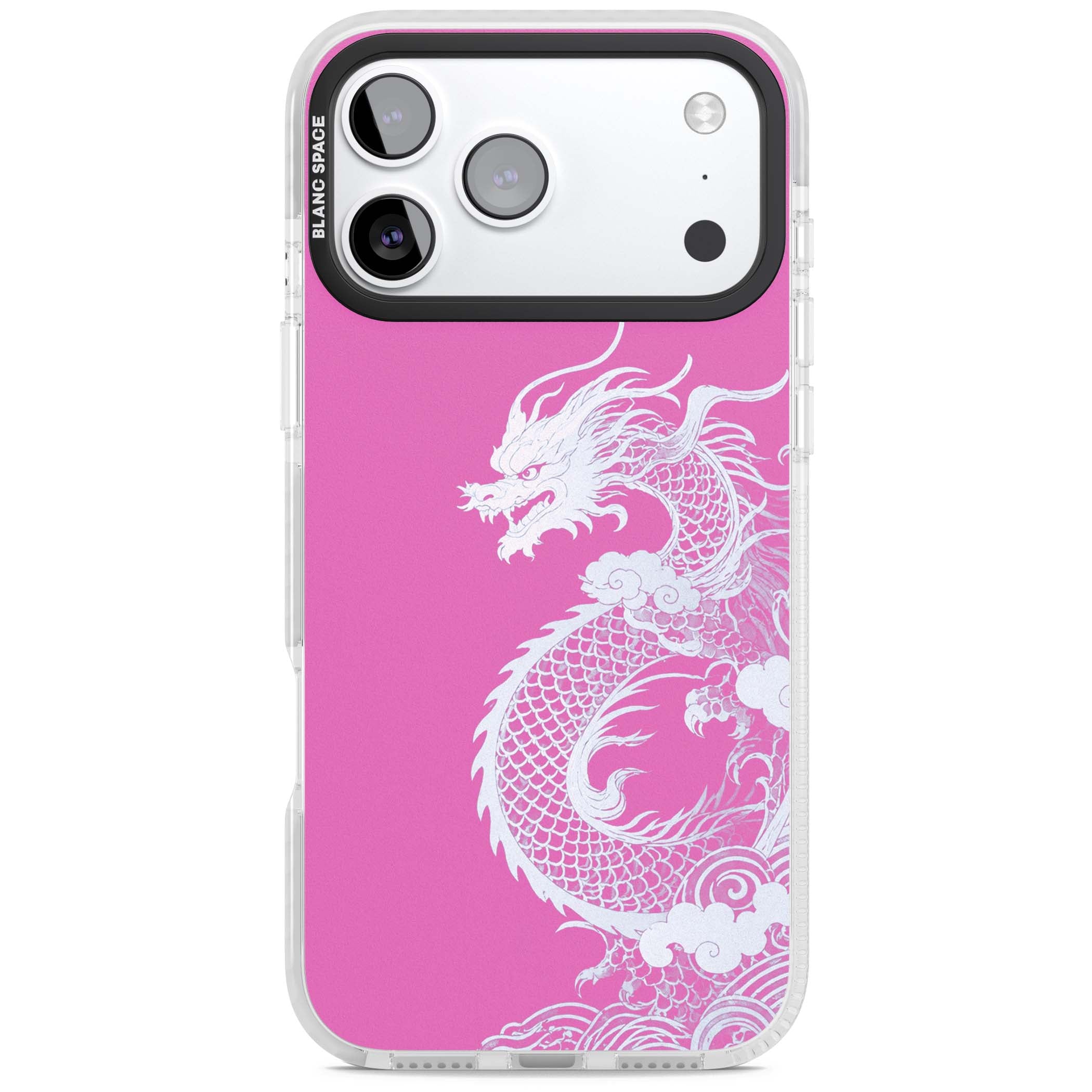 Pink Empress chinese dragon iPhone case featuring a white dragon, swirling clouds and pink dragon wallpaper backdrop | Impact Magsafe case for iPhone 17 Pro, iPhone 17 Pro Max
