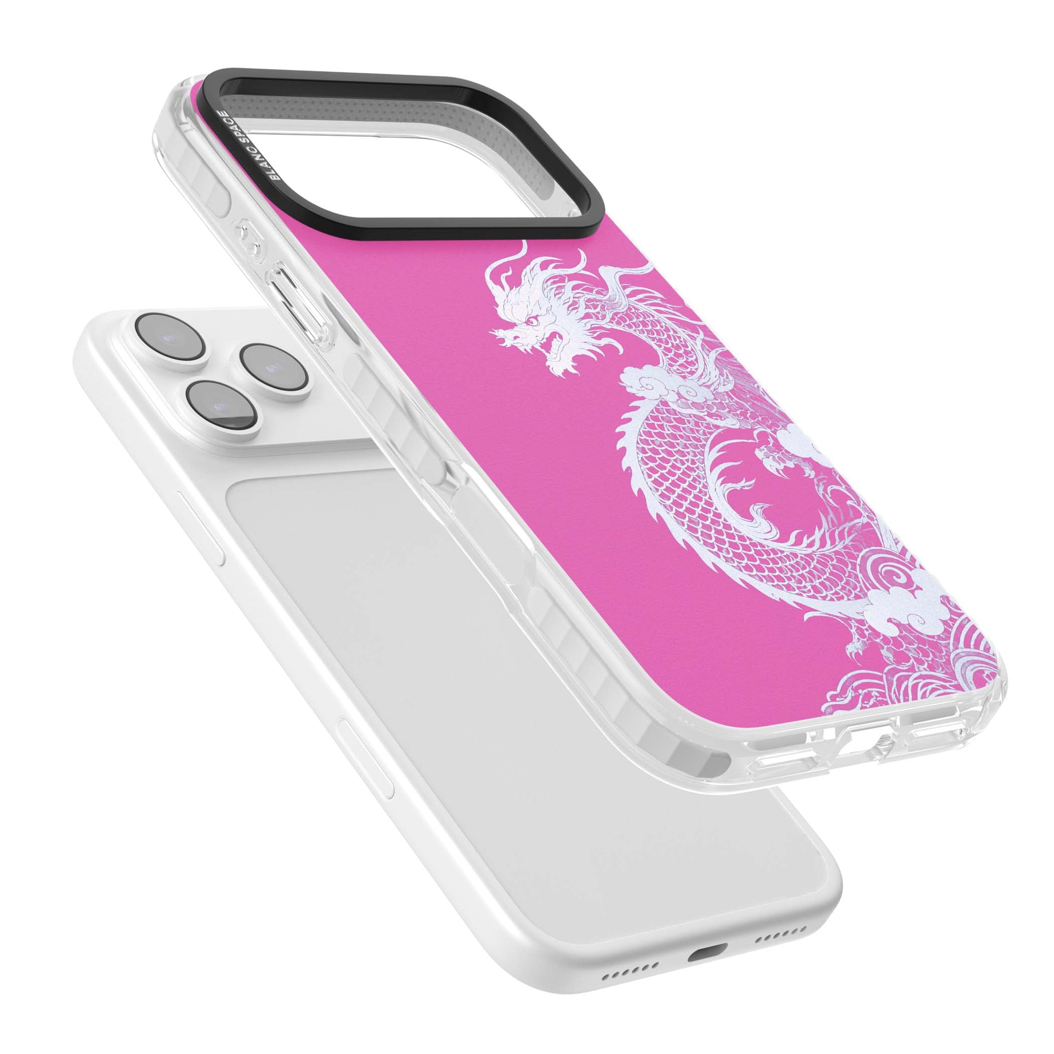 Pink Empress chinese dragon iPhone case featuring a white dragon, swirling clouds and pink dragon wallpaper backdrop | Impact Magsafe case for iPhone 17 Pro, iPhone 17 Pro Max