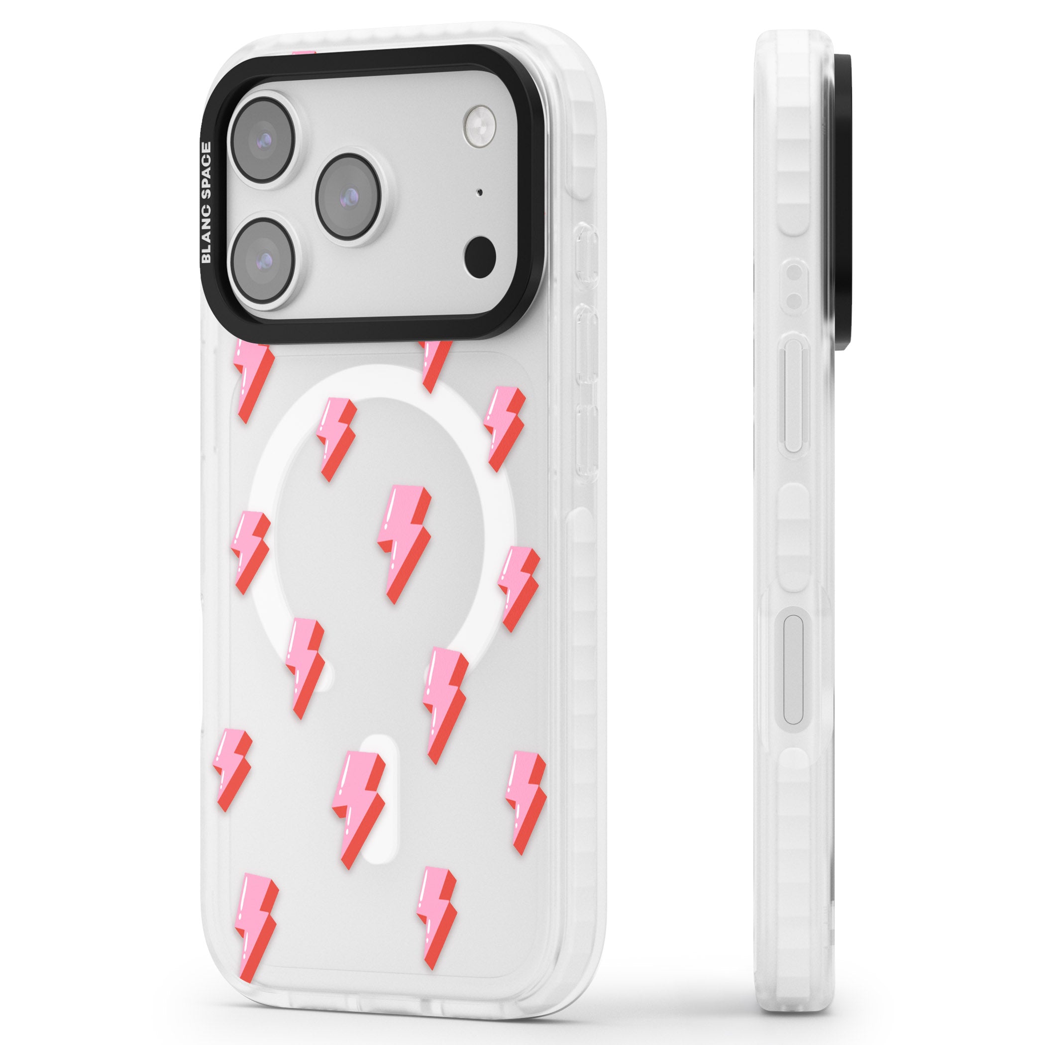 Pink Bolt Pattern iPhone 17 Pro Impact Pro Clear Phone Case Side Profile