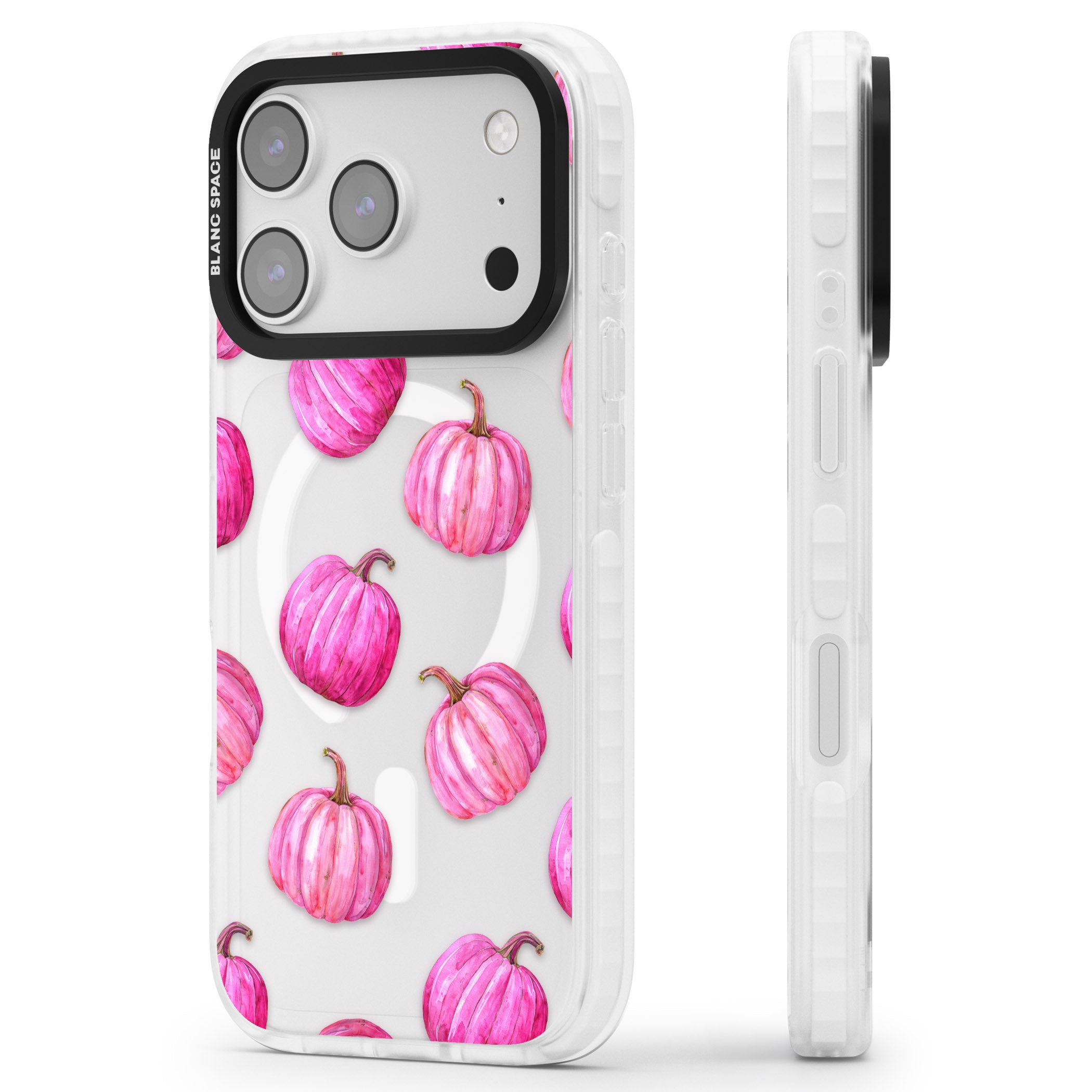 Pink Pumpkins iPhone 17 Pro Impact Pro Clear Phone Case Side Profile
