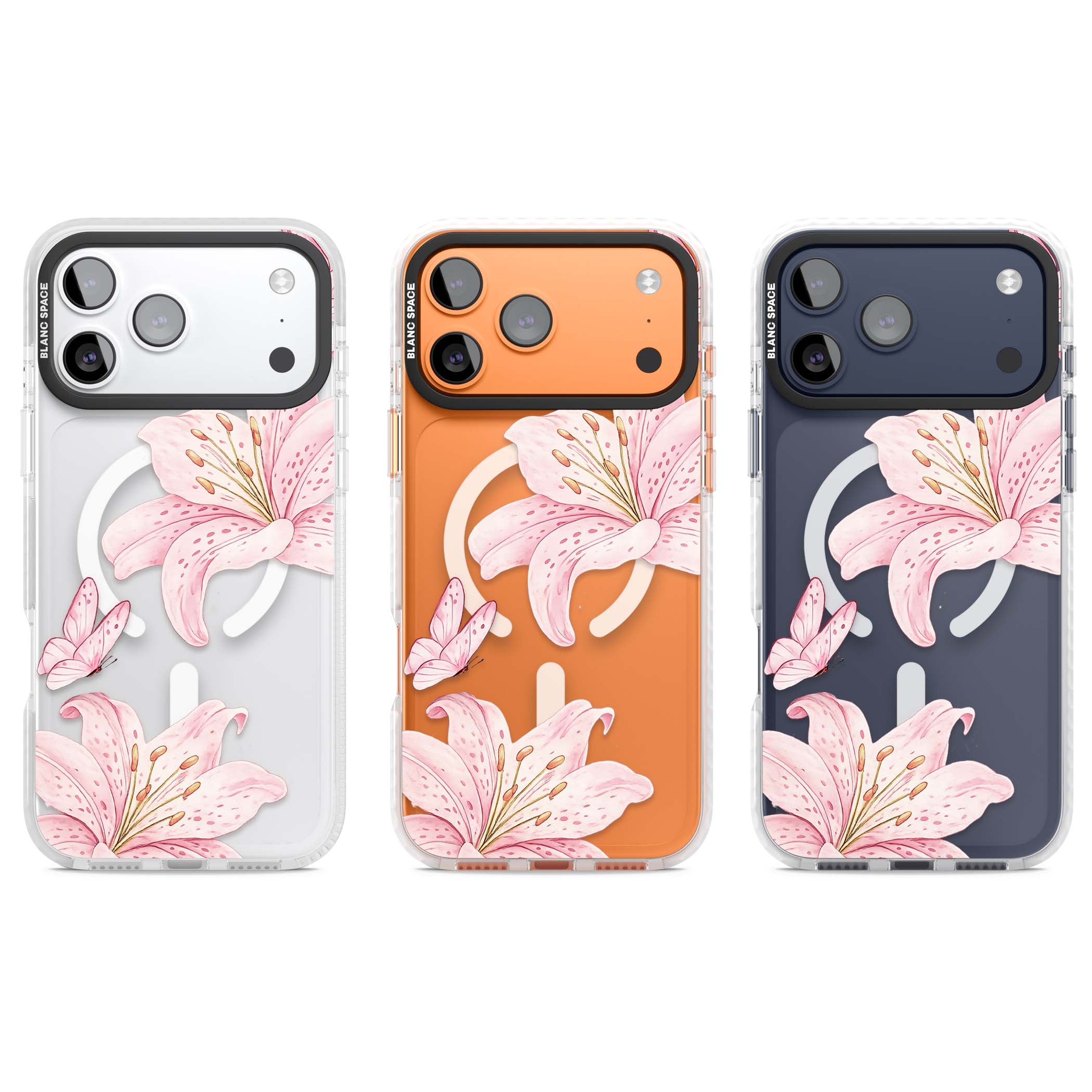 Lily Whisper floral iPhone case featuring pink watercolour lilies and delicate butterflies on a clear background | Impact Magsafe case for iPhone 17 Pro, iPhone 17 Pro Max
