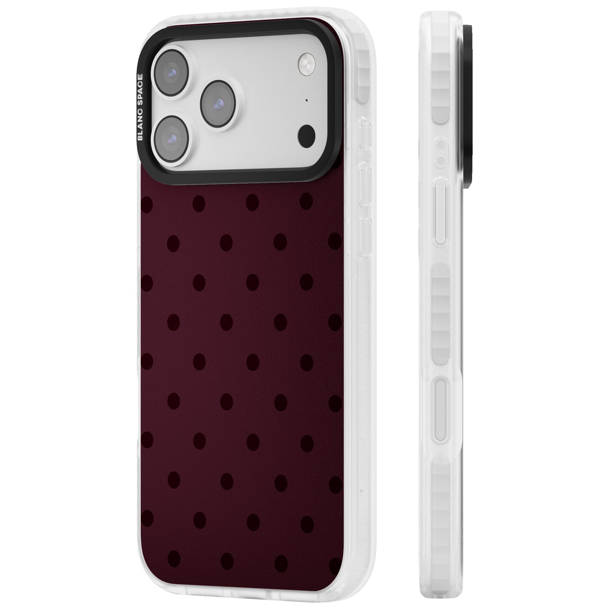 Burgundy Polka Dot minimalist iPhone case featuring black polka dots on a deep burgundy wine red background iPhone 17 Pro Max Impact Pro Clear Phone Case side
