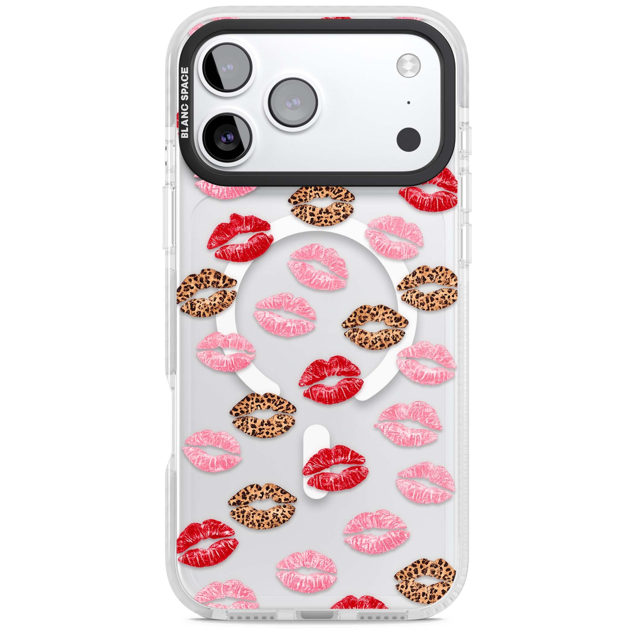 Wild Kisses coquette iPhone case featuring red, pink and leopard print lipstick kiss marks on a clear background | Impact Magsafe case for iPhone 17 Pro, iPhone 17 Pro Max