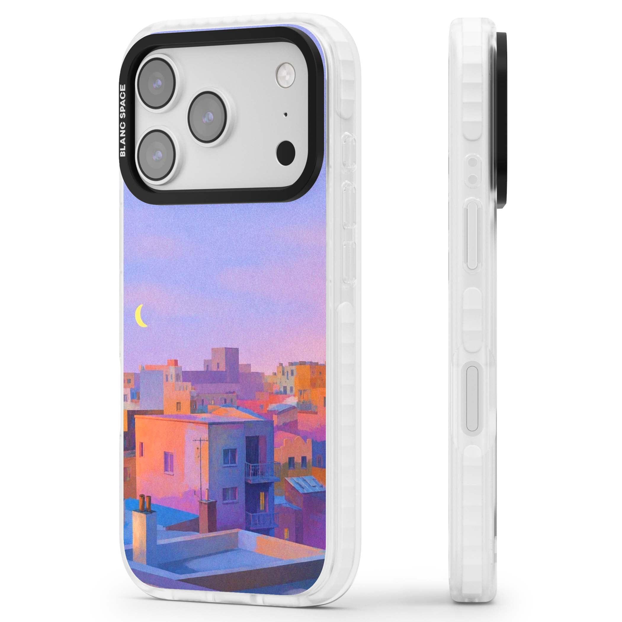 Twilight Rooftops vaporwave iPhone case featuring a pastel sunset cityscape, painted rooftops and a crescent moon. | Impact Magsafe case for iPhone 17 Pro, iPhone 17 Pro Max
