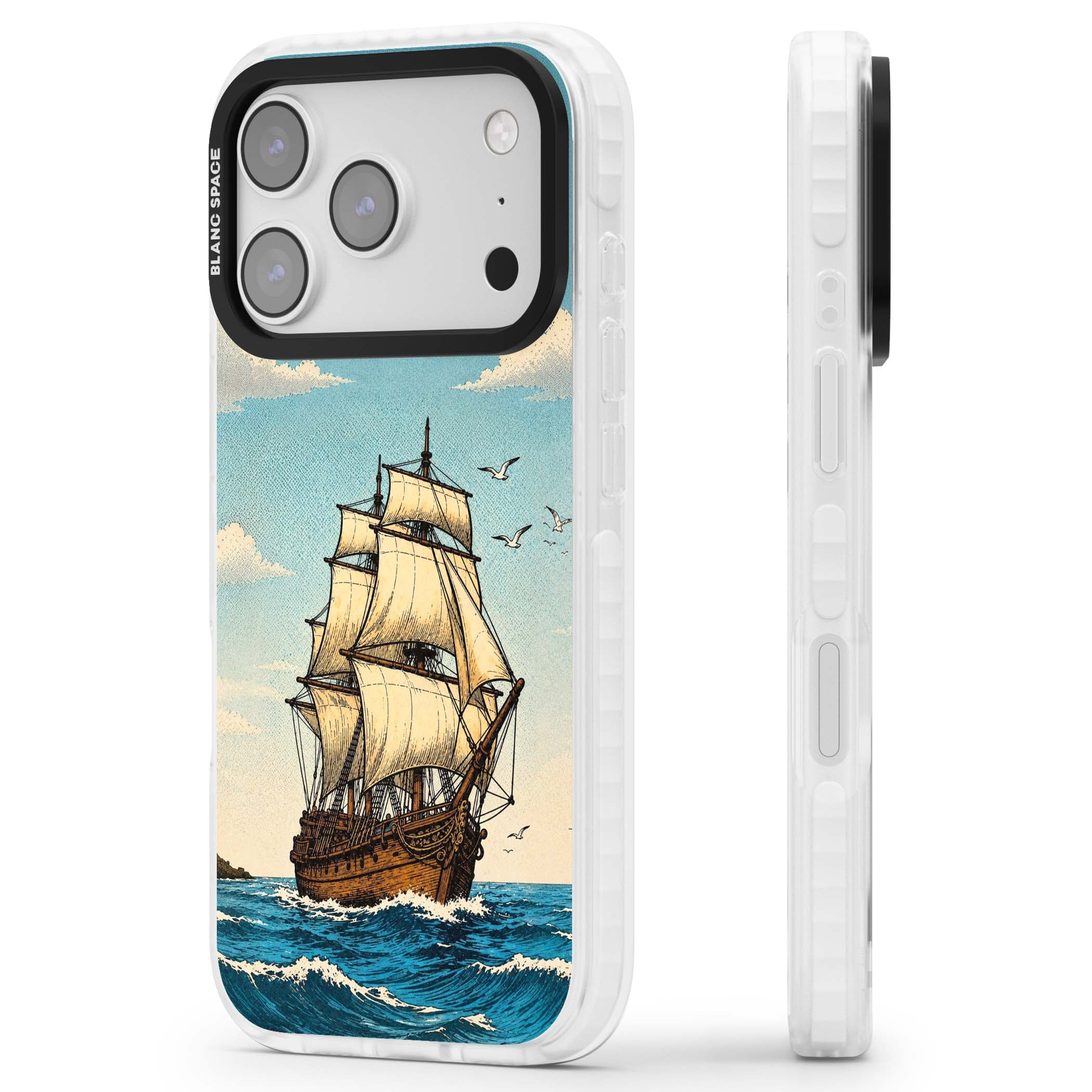 Ship at Sea nautical iPhone case featuring a vintage tall ship, ocean waves and seagulls | Impact Magsafe case for iPhone 17 Pro, iPhone 17 Pro Max