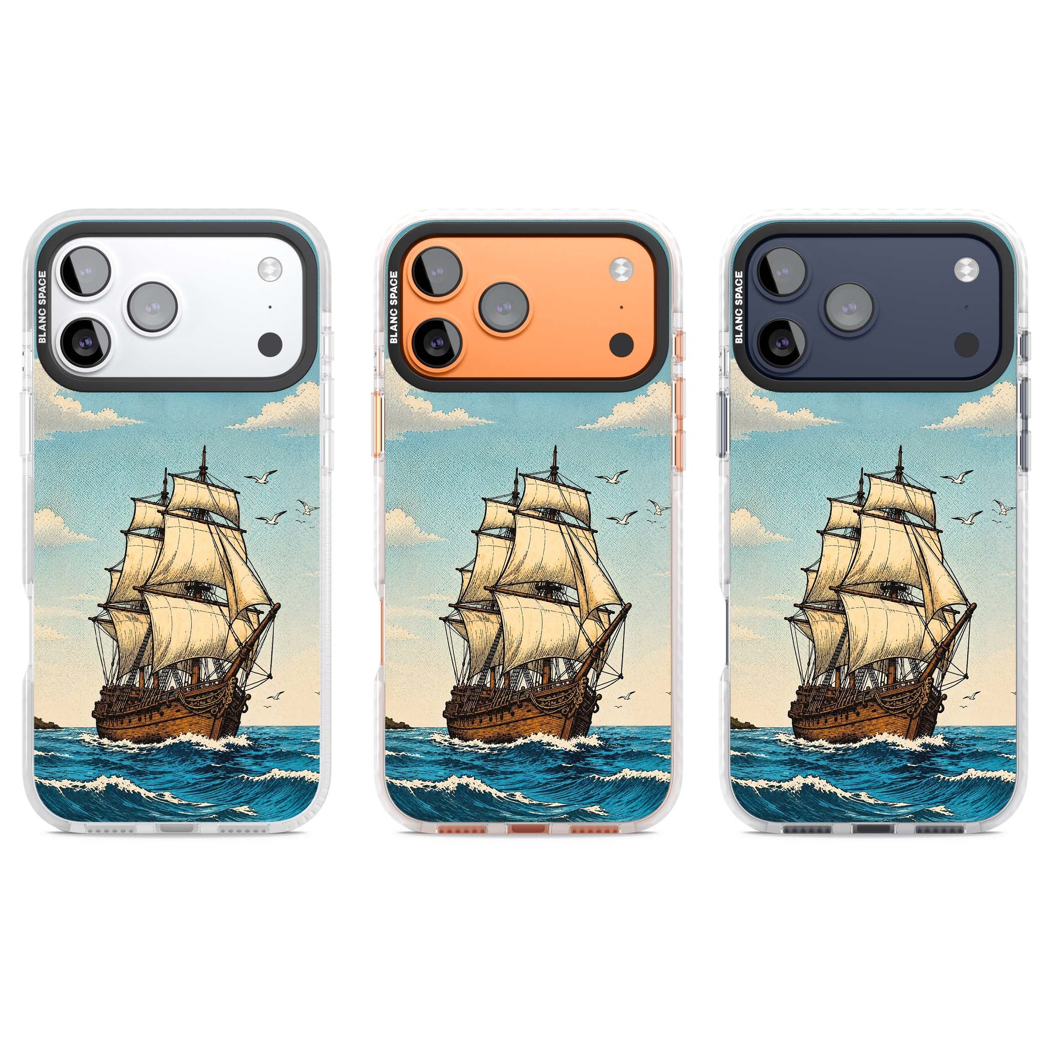 Ship at Sea nautical iPhone case featuring a vintage tall ship, ocean waves and seagulls | Impact Magsafe case for iPhone 17 Pro, iPhone 17 Pro Max