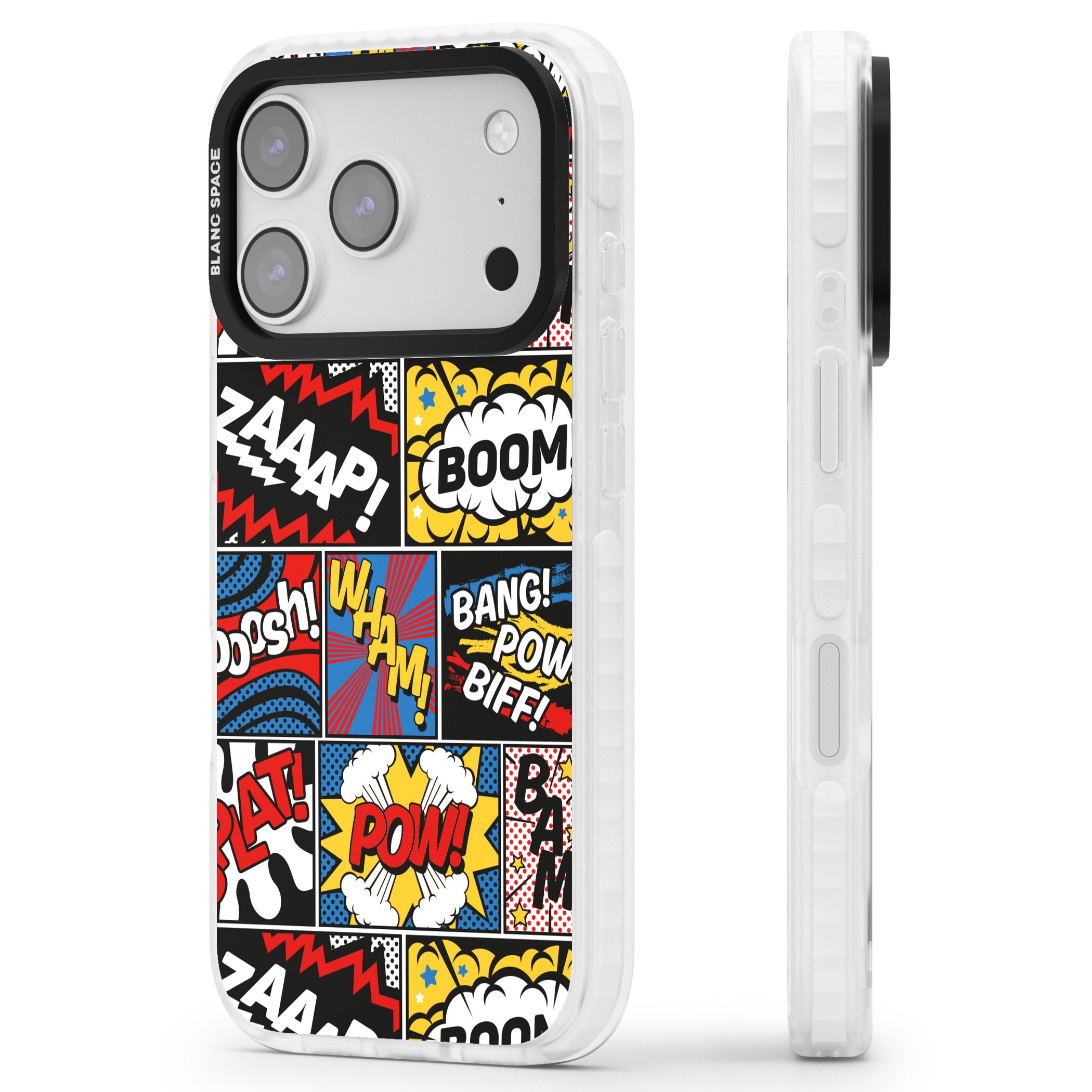 Onomatopoeia iPhone 17 Pro Impact Pro Clear Phone Case Side Profile