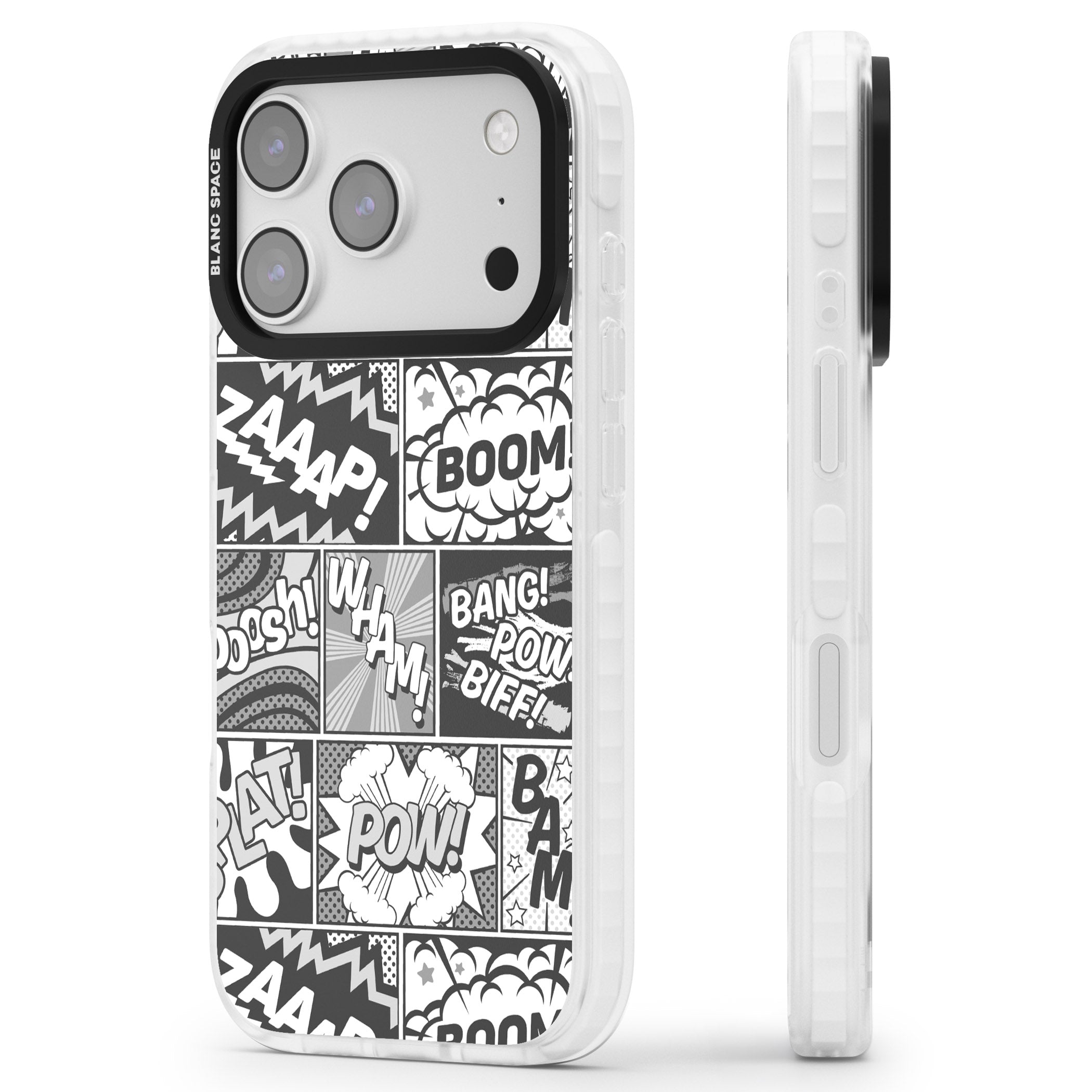 Onomatopoeia (Black & White) iPhone 17 Pro Impact Pro Clear Phone Case Side Profile