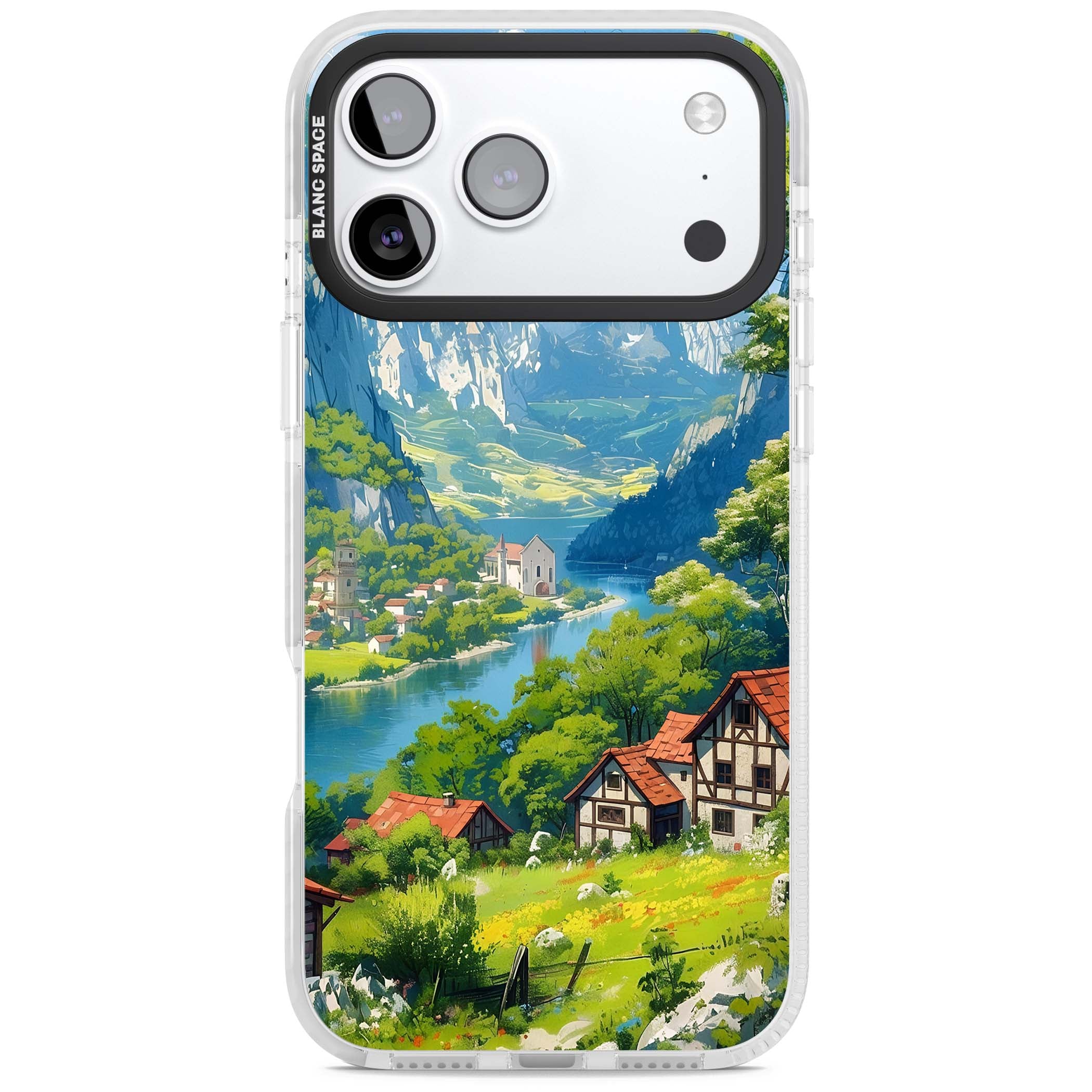 Village In The Valley anime iPhone case featuring a painted mountain village, river valley and half-timbered cottages. | Impact Magsafe case for iPhone 17 Pro, iPhone 17 Pro Max
