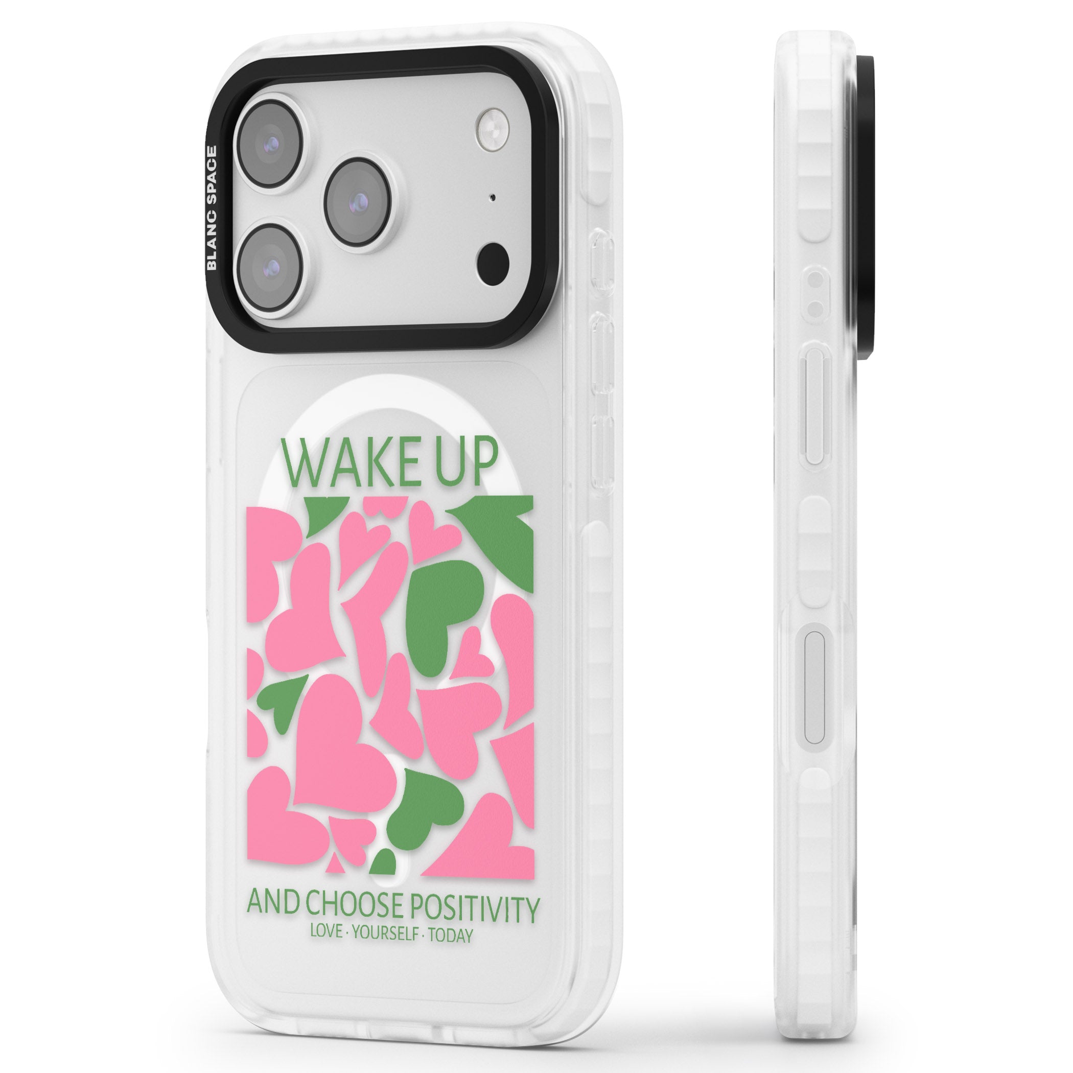 Wake Up And Choose Positivity iPhone 17 Pro Impact Pro Clear Phone Case Side Profile
