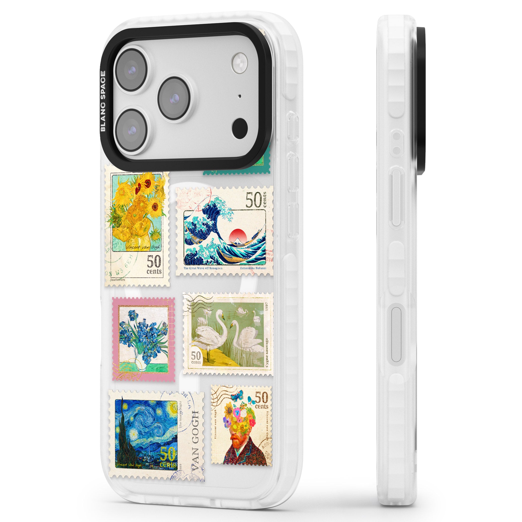 Vintage Art Stamps iPhone 17 Pro Impact Pro Clear Phone Case Side Profile