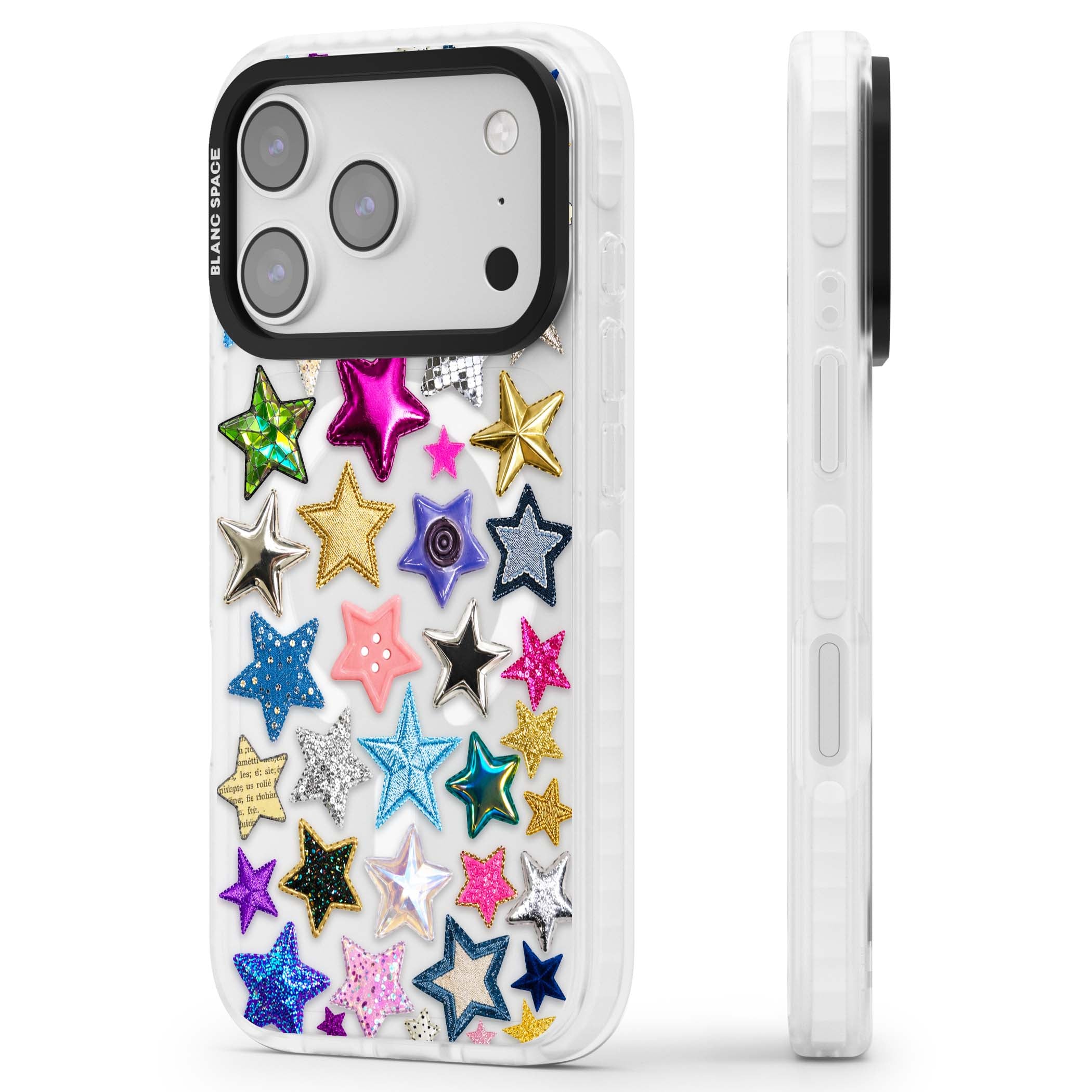 Crafty Star Mix Y2K iPhone case featuring embroidered, sequinned and glitter star patches in rainbow colours | Impact Magsafe case for iPhone 17 Pro, iPhone 17 Pro Max