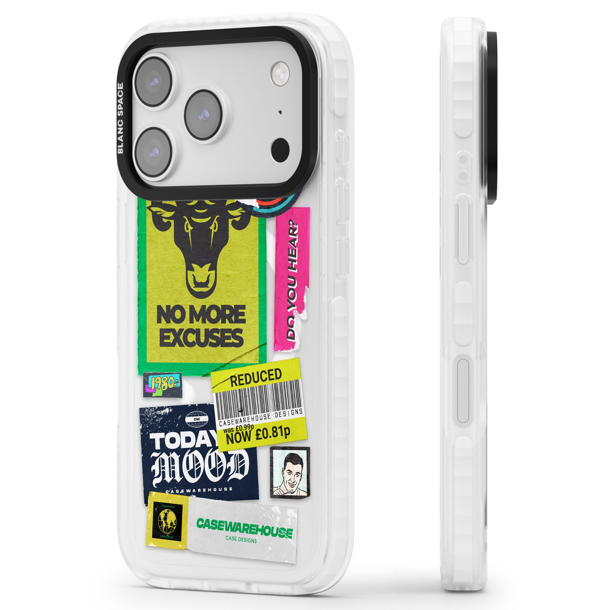 No More Excuses Sticker Mix iPhone 17 Pro Impact Pro Clear Phone Case Side Profile