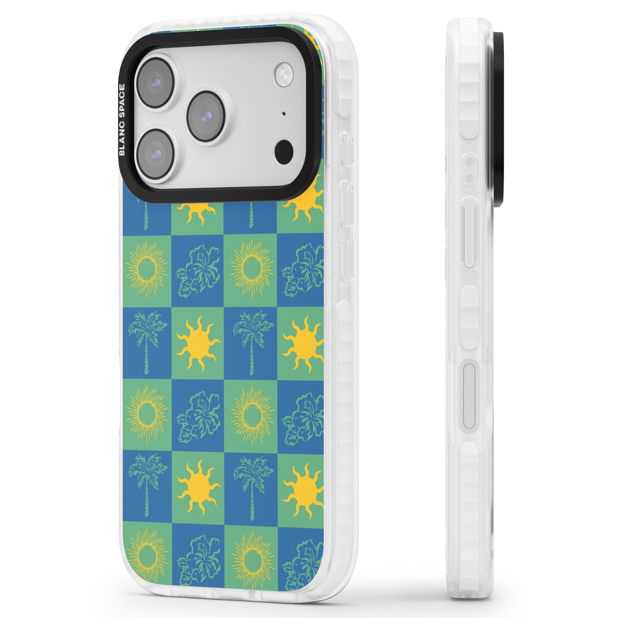 Green & Blue Tropical Checked iPhone 17 Pro Impact Pro Clear Phone Case Side Profile