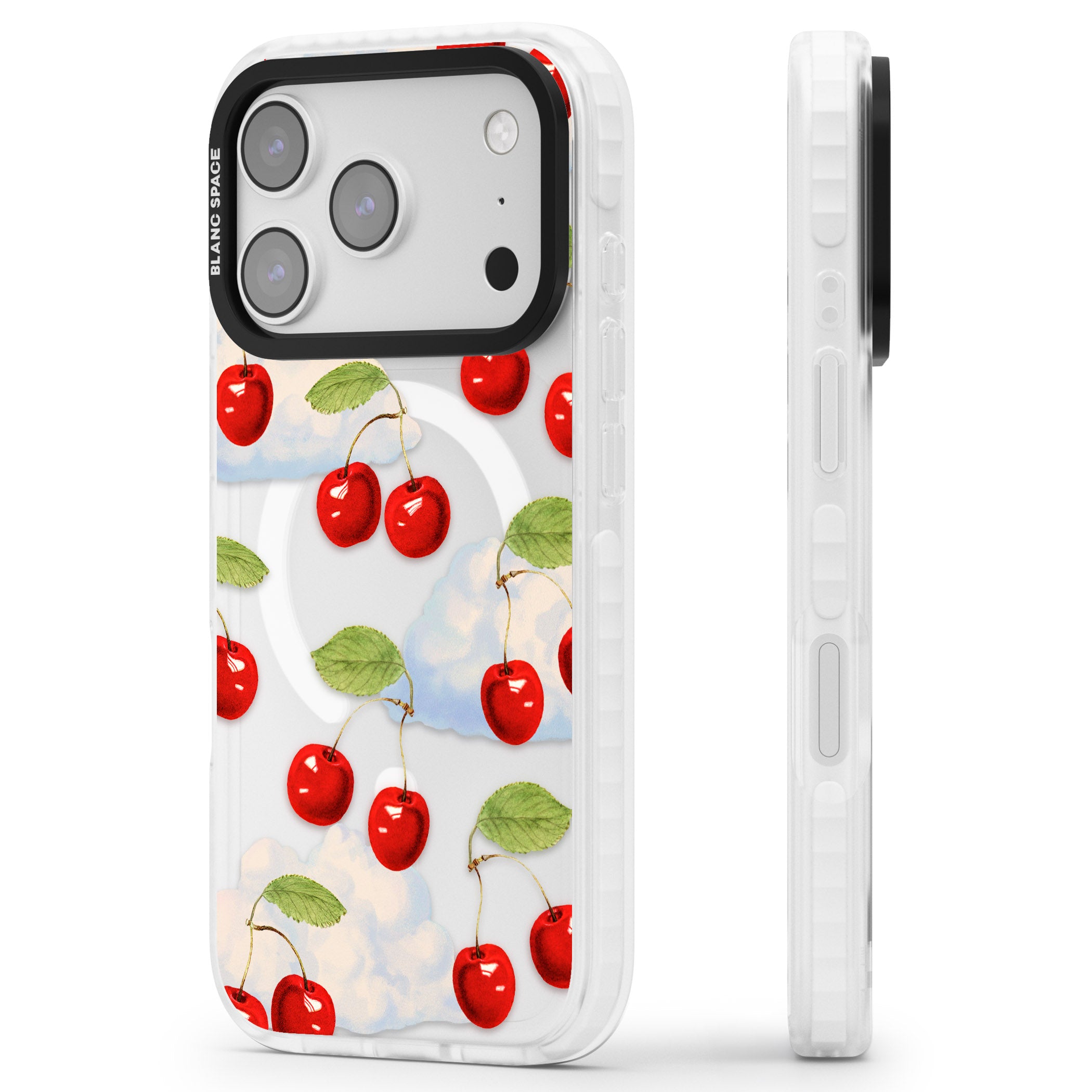 Vintage Cherries & Clouds iPhone 17 Pro Impact Pro Clear Phone Case Side Profile