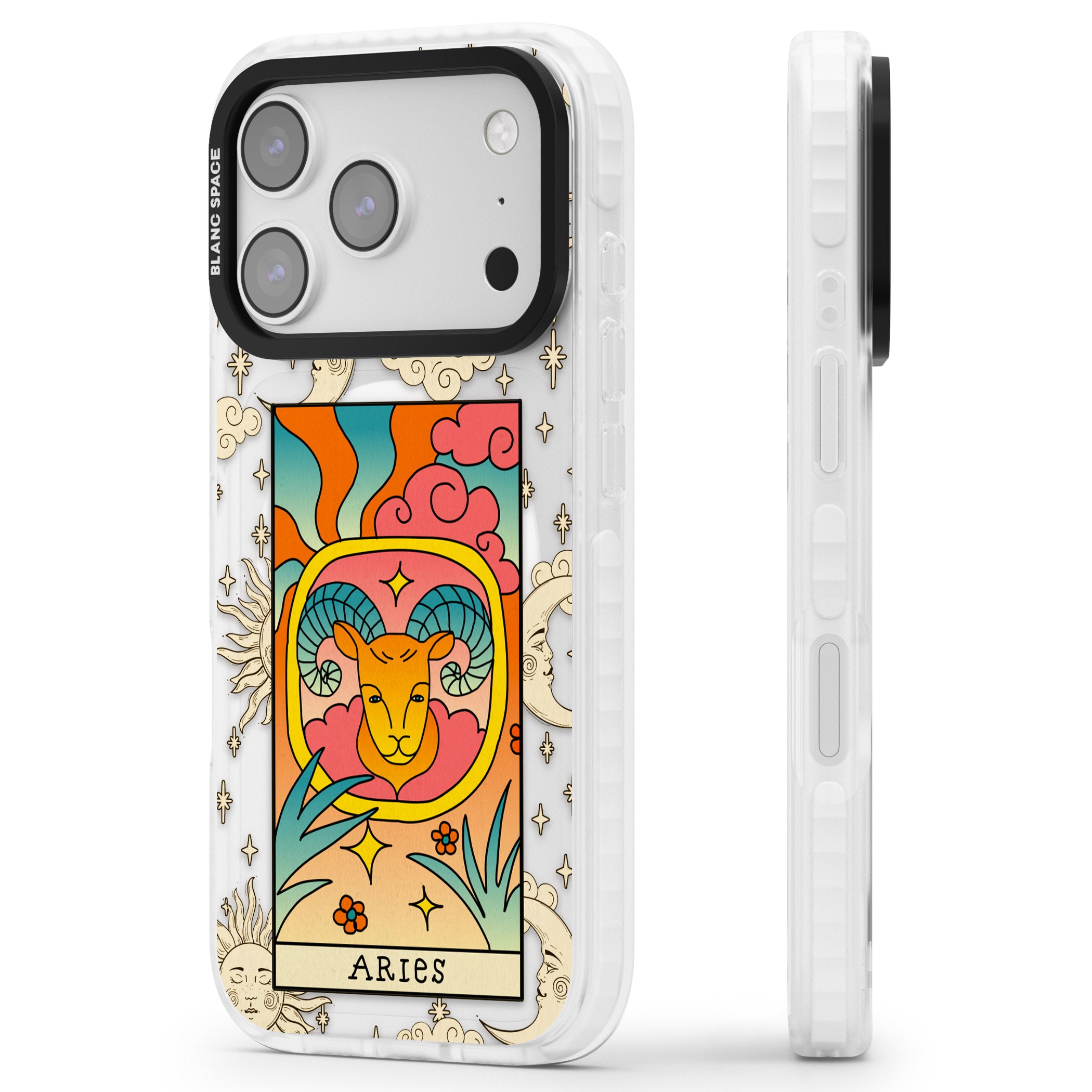 Celestial Zodiac Aries iPhone 17 Pro Impact Pro Clear Phone Case Side Profile