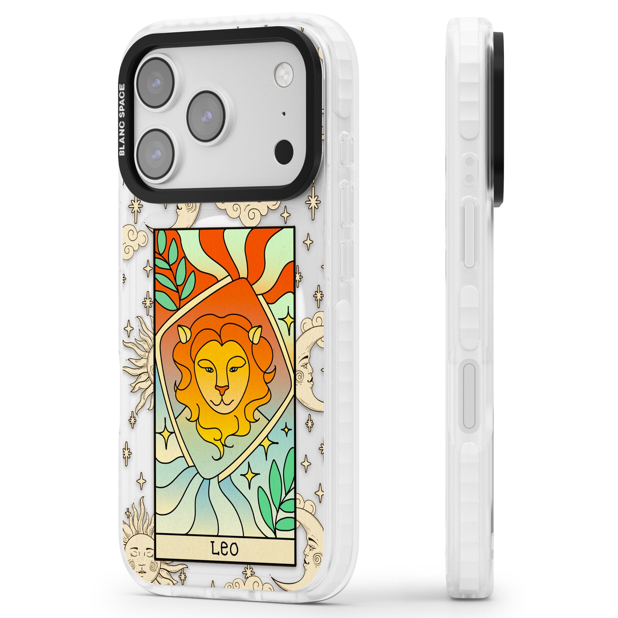 Celestial Zodiac Leo iPhone 17 Pro Impact Pro Clear Phone Case Side Profile