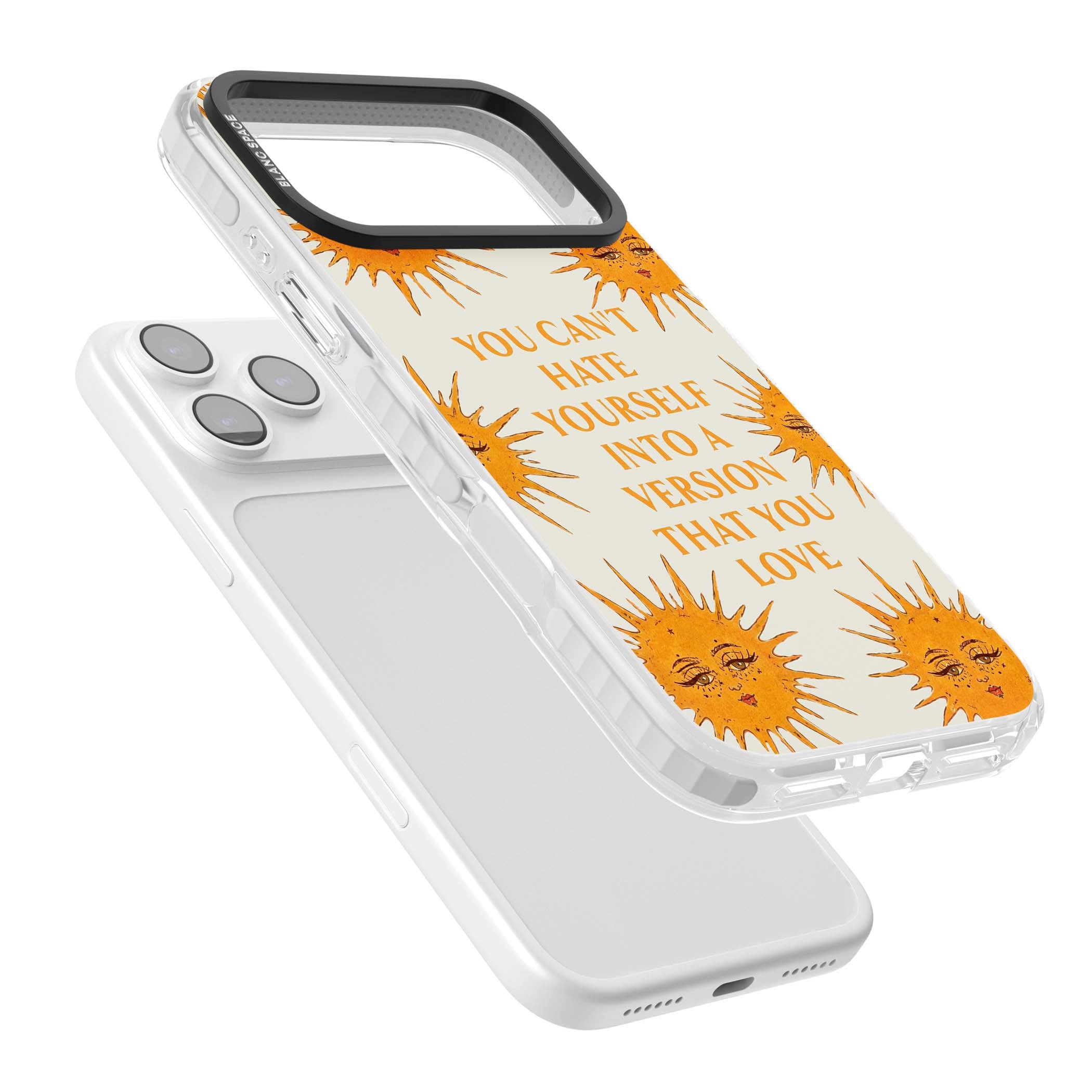 Don't Hate Yourself celestial iPhone case featuring vintage sun faces, ochre rays and a self-love quote | Impact Magsafe case for iPhone 17 Pro, iPhone 17 Pro Max
